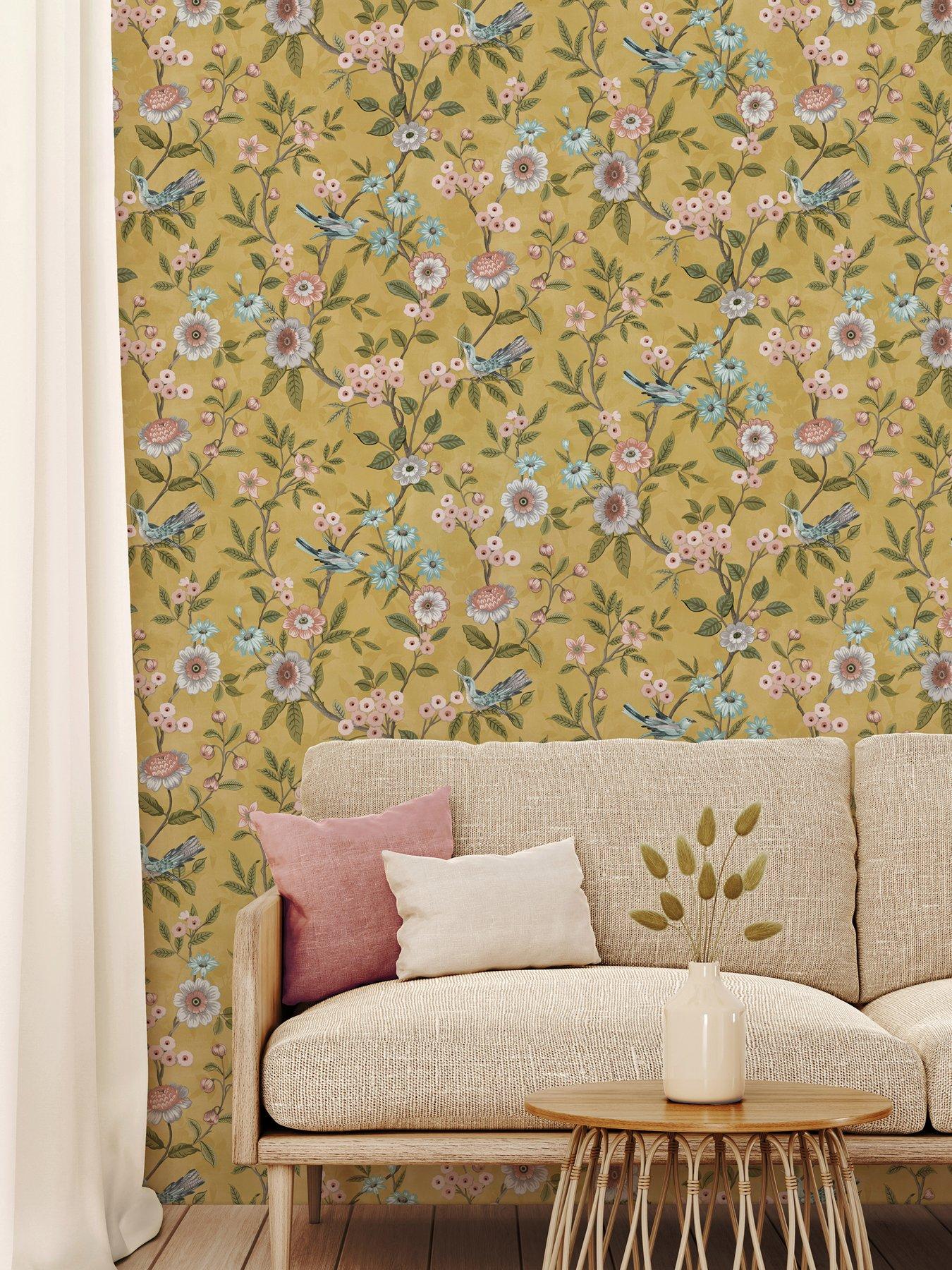 Product photograph of Fine Decor Eleanor Floral Wallpaper In Yellow from very.co.uk