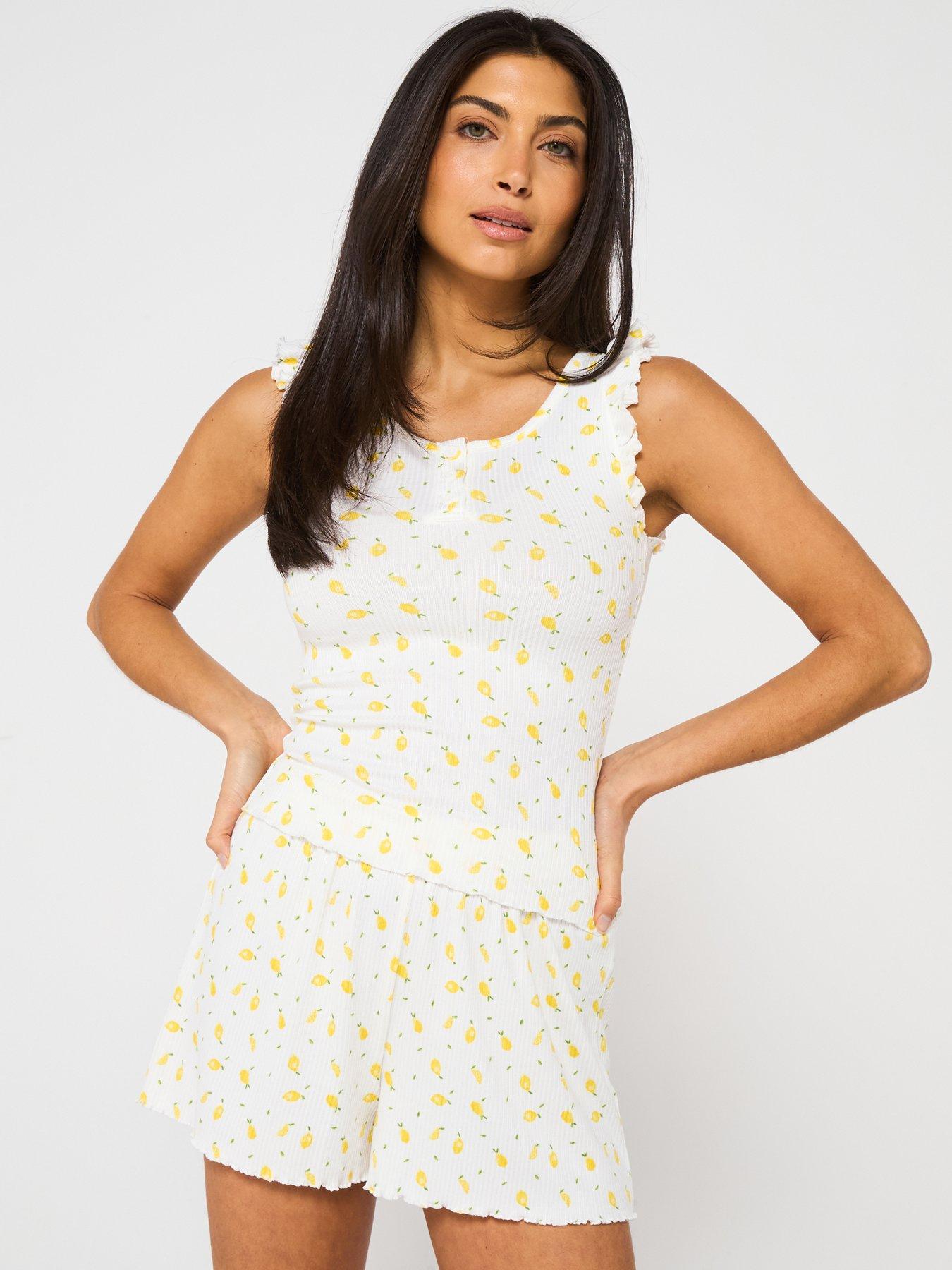 Image 1 of 6 of V by Very Frill Lemon Print Vest Top And Short Pj Set