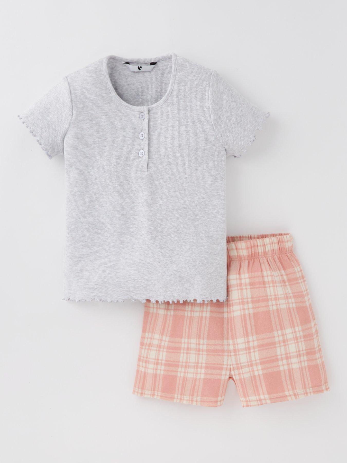 undefined Girls Ribbed Top And Check Short Pyjama Set - Multi