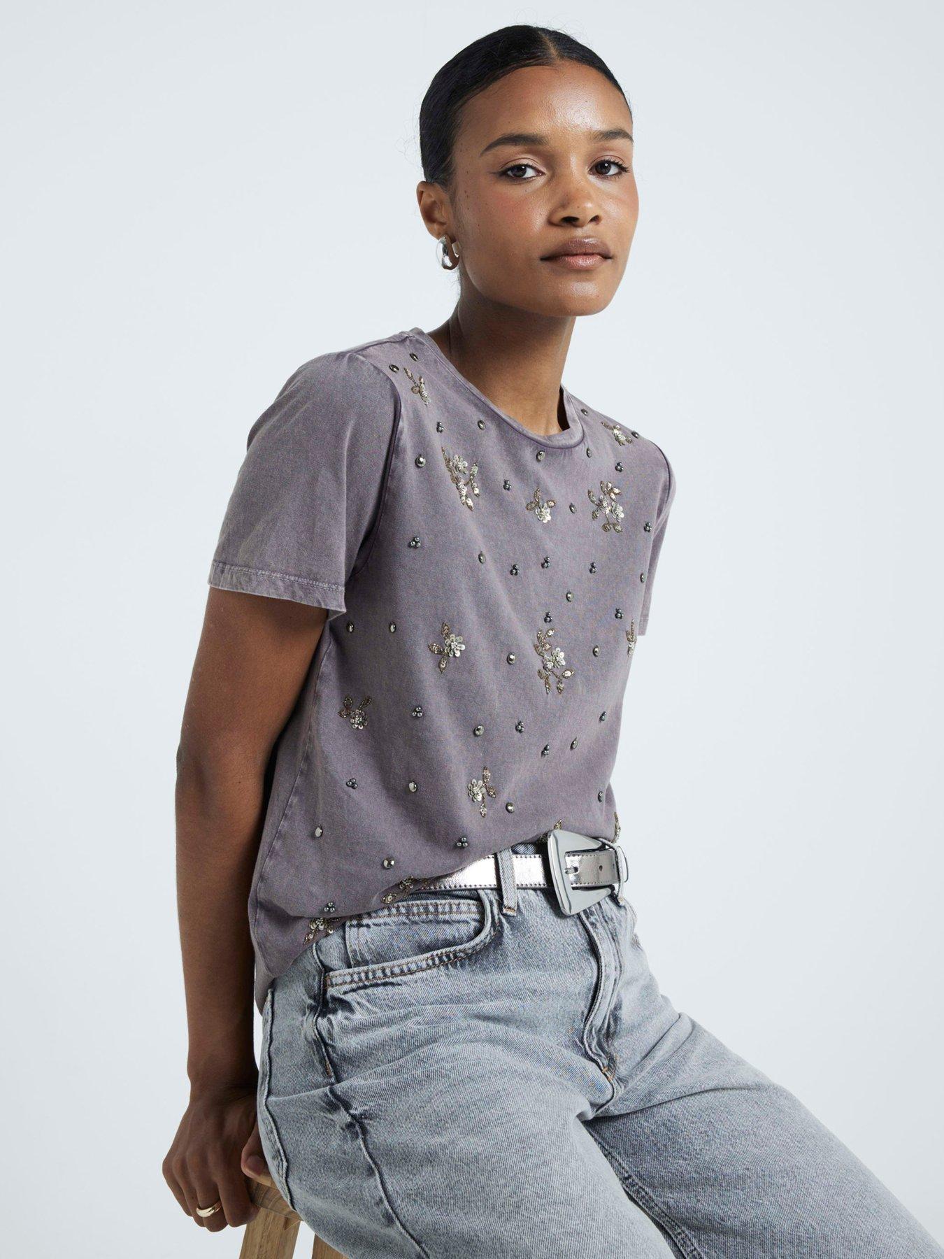 undefined Embellished Beaded Washed Tee - Dark Grey
