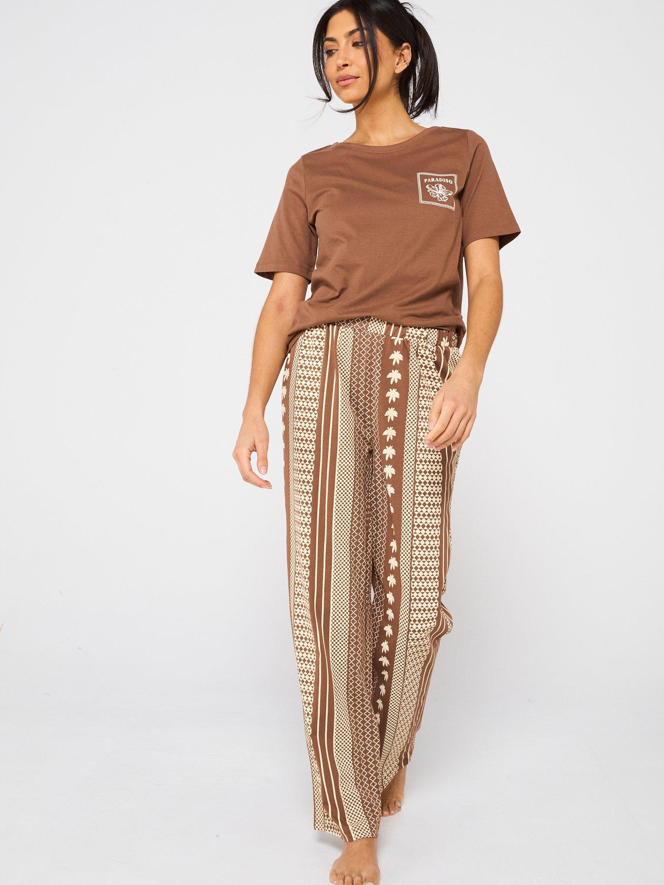 undefined Abstract Wide Leg Long Pyjama Set - Beige