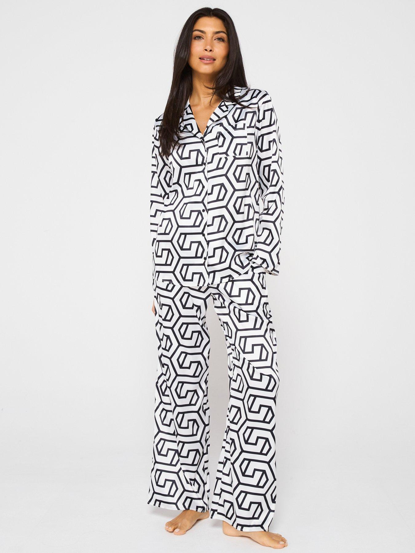 undefined Geometric Print Satin Pyjama Set - Black/White