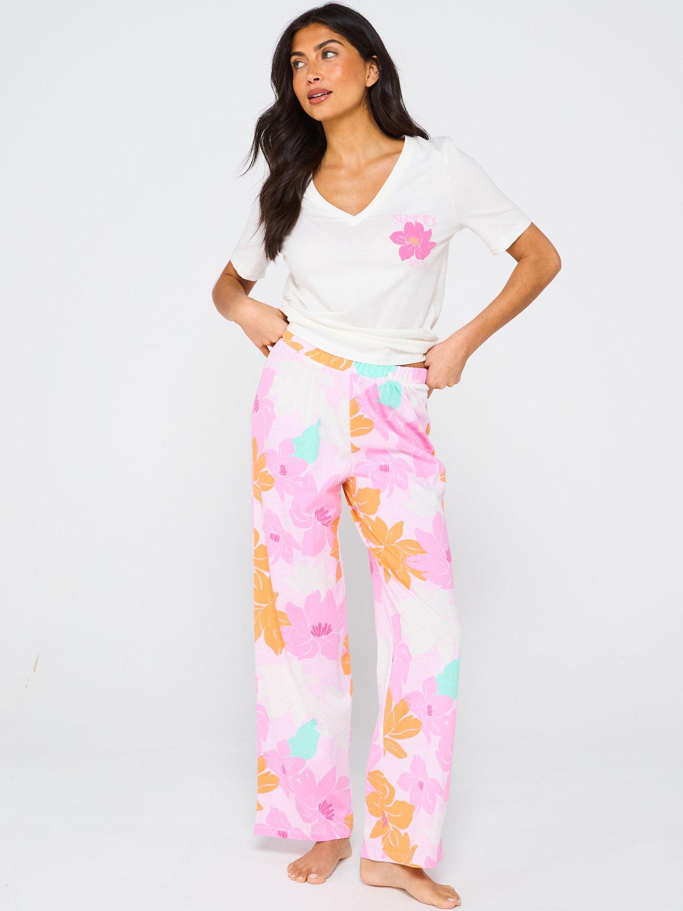 undefined V Neck Short Sleeve Floral Wide Leg Pj Set