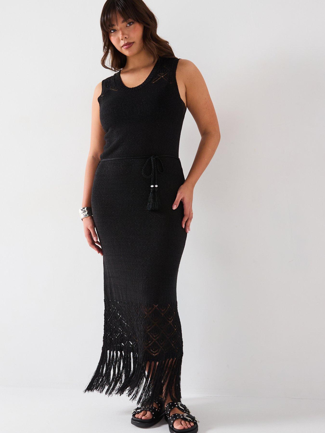 undefined Fringed Knitted Dress - Black