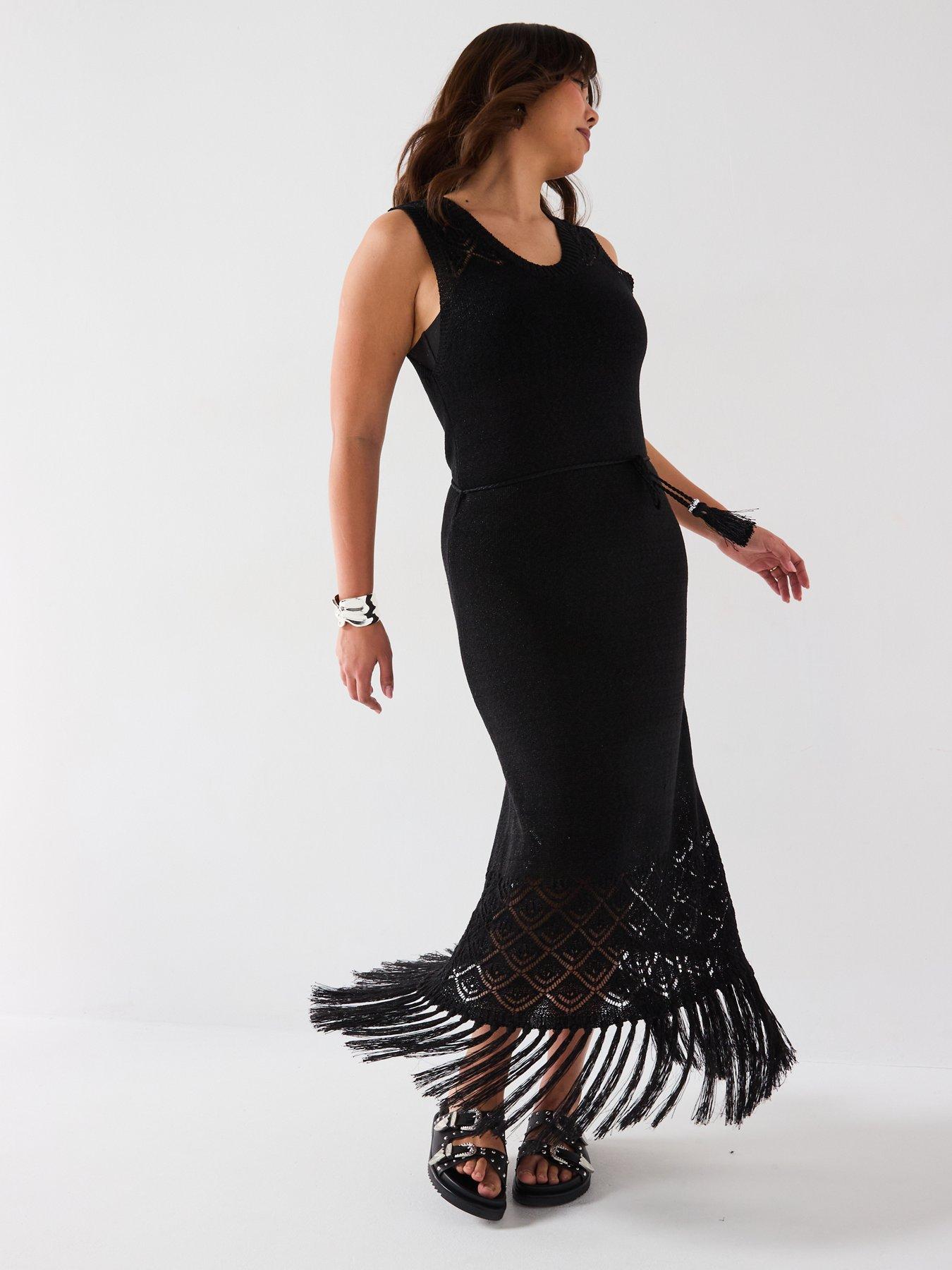 Image 3 of 6 of V by Very Curve Fringed Knitted Dress - Black