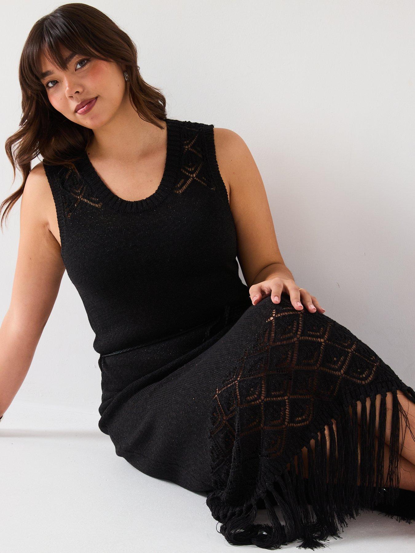 Image 4 of 6 of V by Very Curve Fringed Knitted Dress - Black