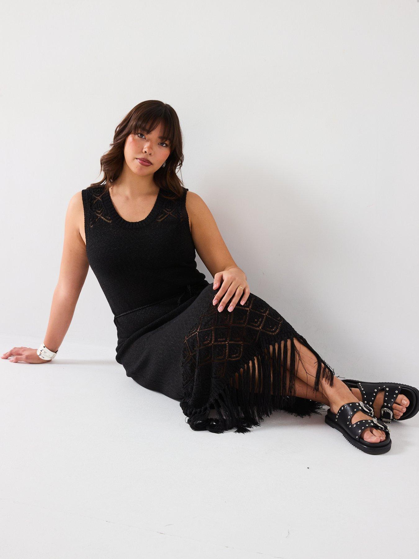 Image 6 of 6 of V by Very Curve Fringed Knitted Dress - Black