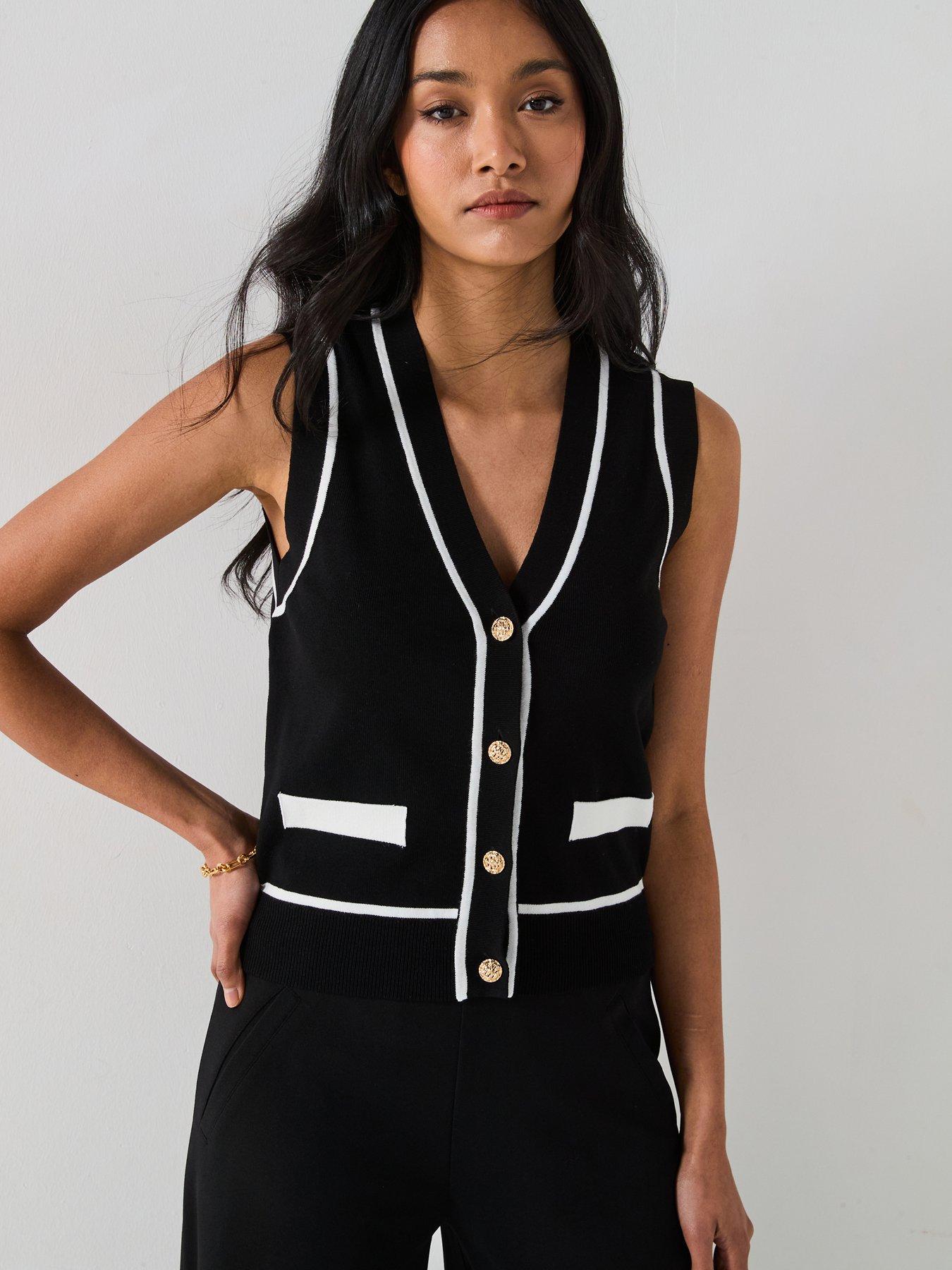 undefined V Neck Knitted Waistcoat With Tipping - Black/white