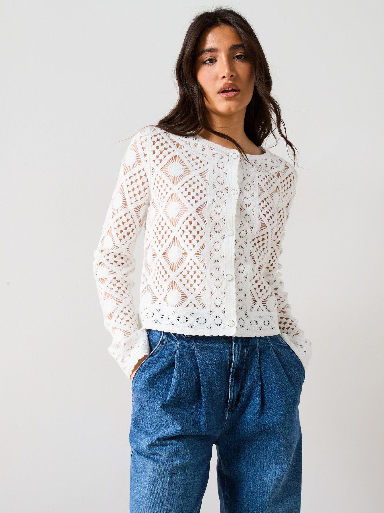 undefined Crew Neck Crochet Short Cardigan - Ivory