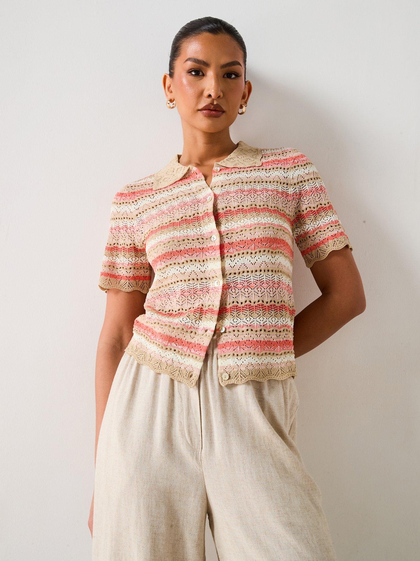 undefined Collared Pointelle Short Knitted Shirt - Multi