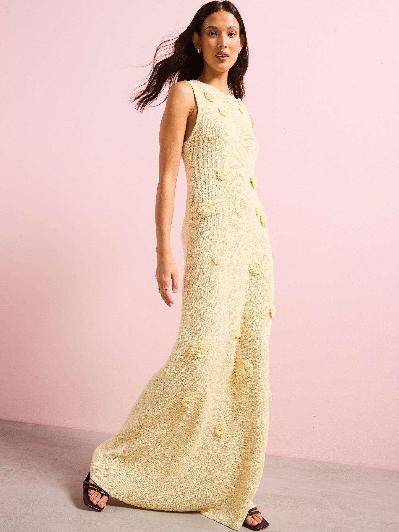 V by Very Racer Neck Flower Applique Knitted Maxi Dress - Yellow