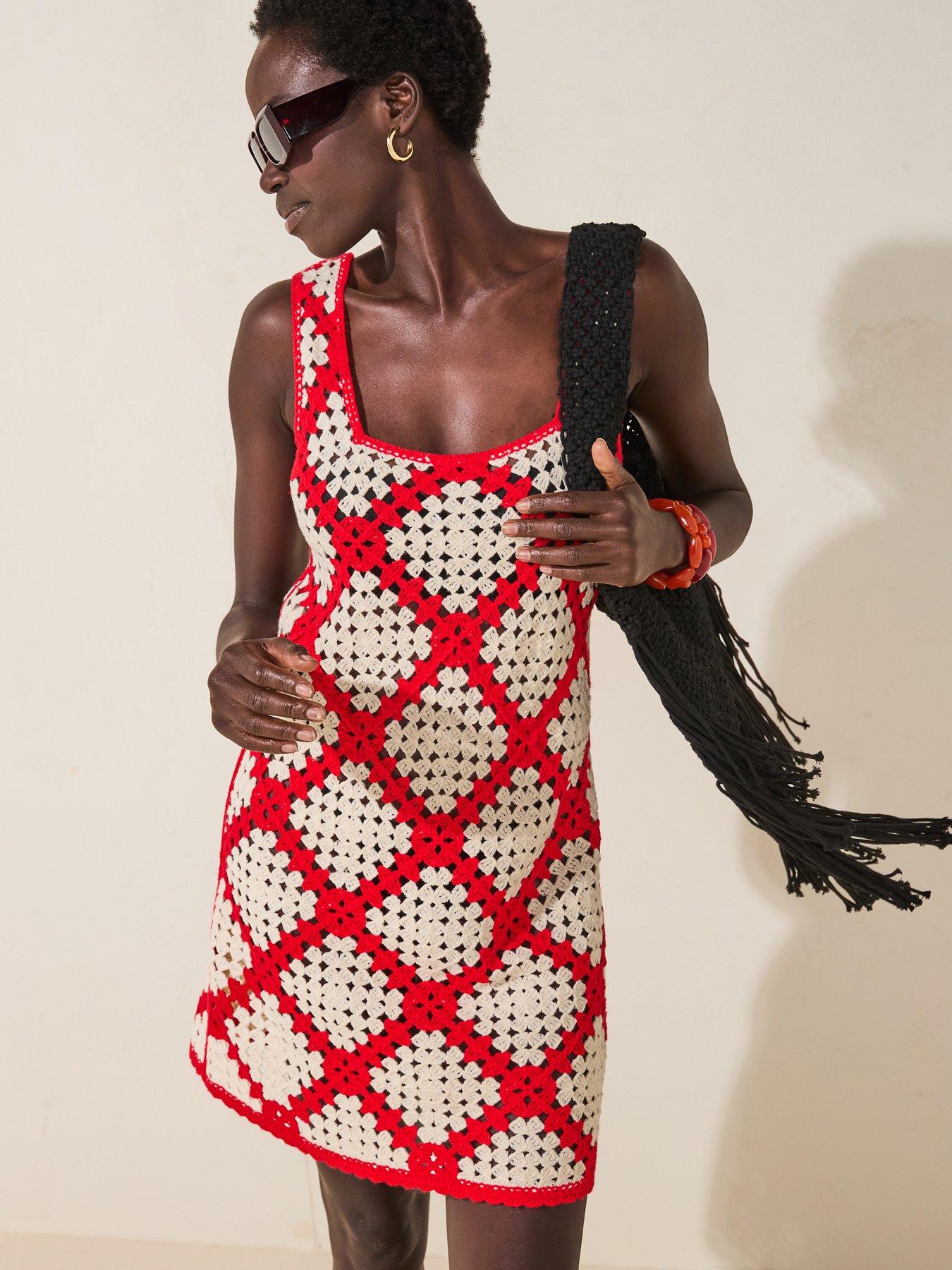 undefined Square Neck Crochet Knitted Mini Dress