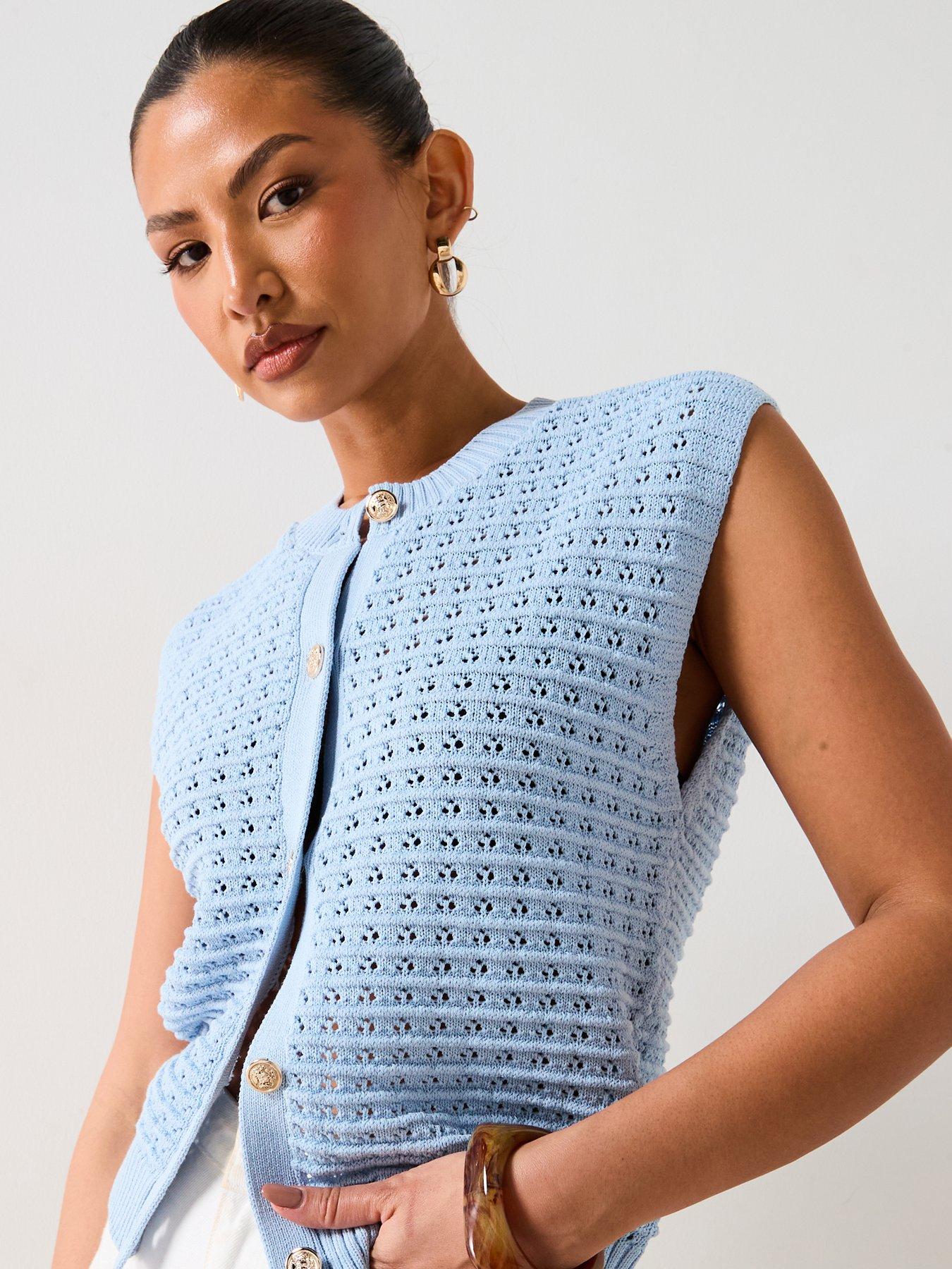 undefined Crew Neck Textured Knitted Tank - Blue