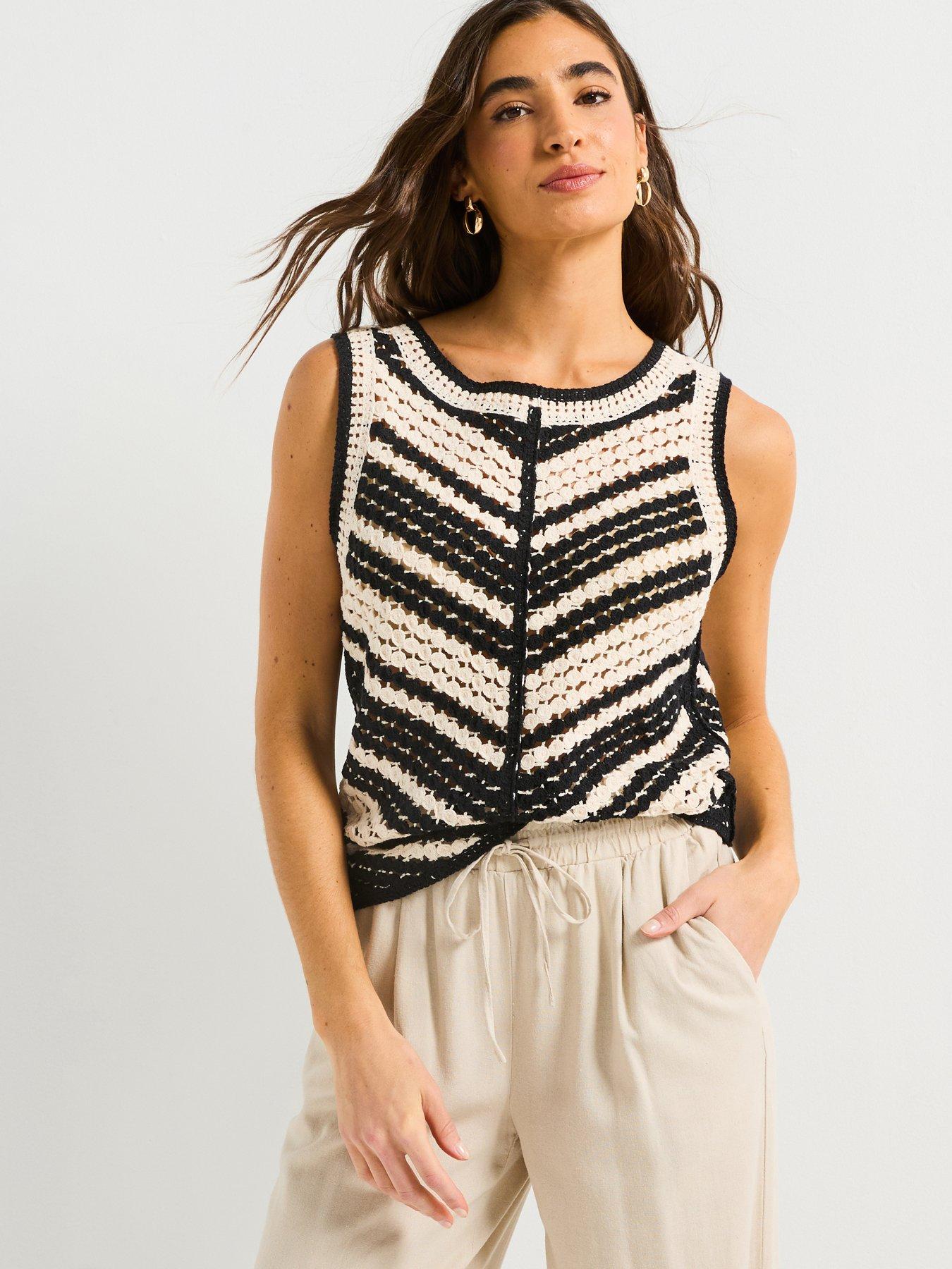 undefined Cotton Rich Sleeveless Crochet Top - Mono