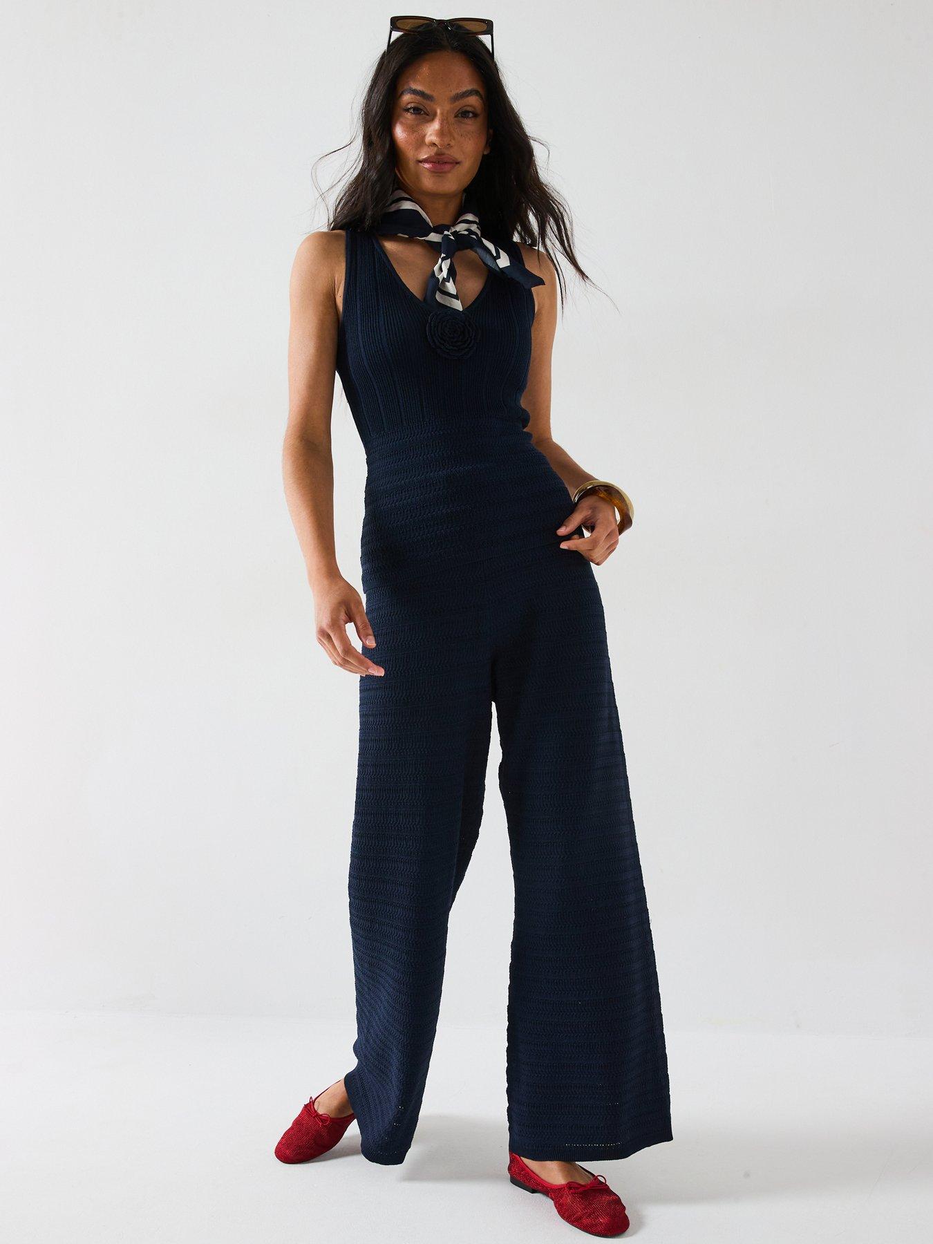undefined Wide Leg Kick Flare Knitted Trouser Co-Ord - Blue