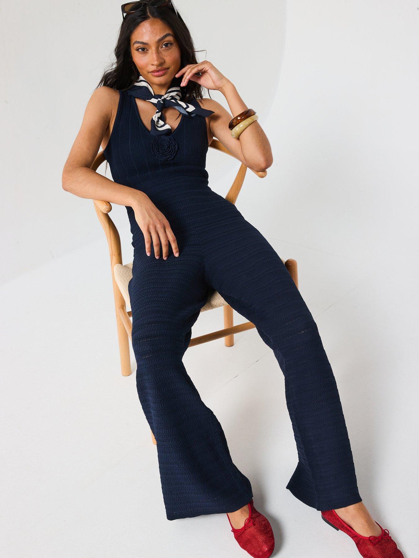 Image 4 of 6 of V by Very Wide Leg Kick Flare Knitted Trouser Co-Ord - Blue
