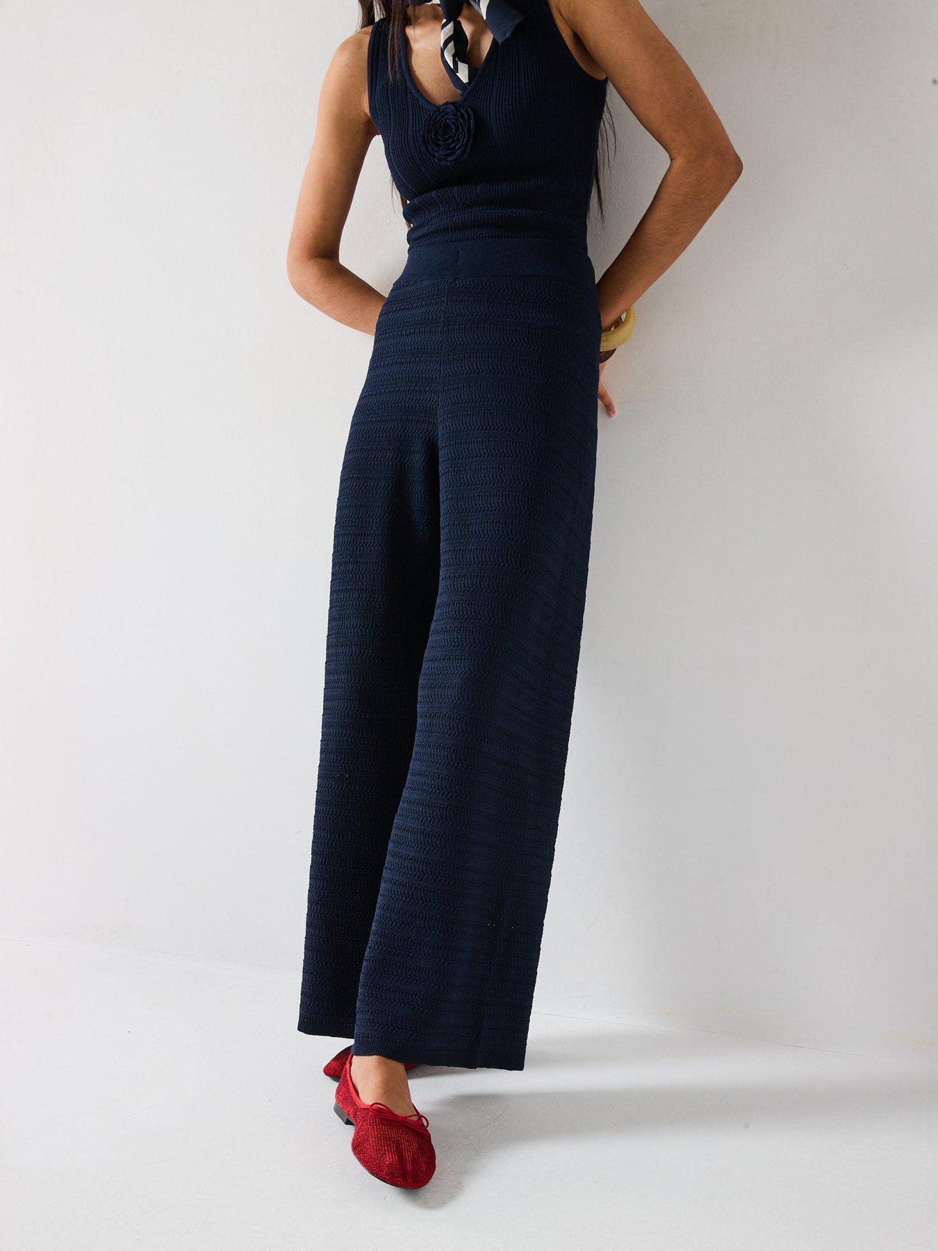 Image 6 of 6 of V by Very Wide Leg Kick Flare Knitted Trouser Co-Ord - Blue