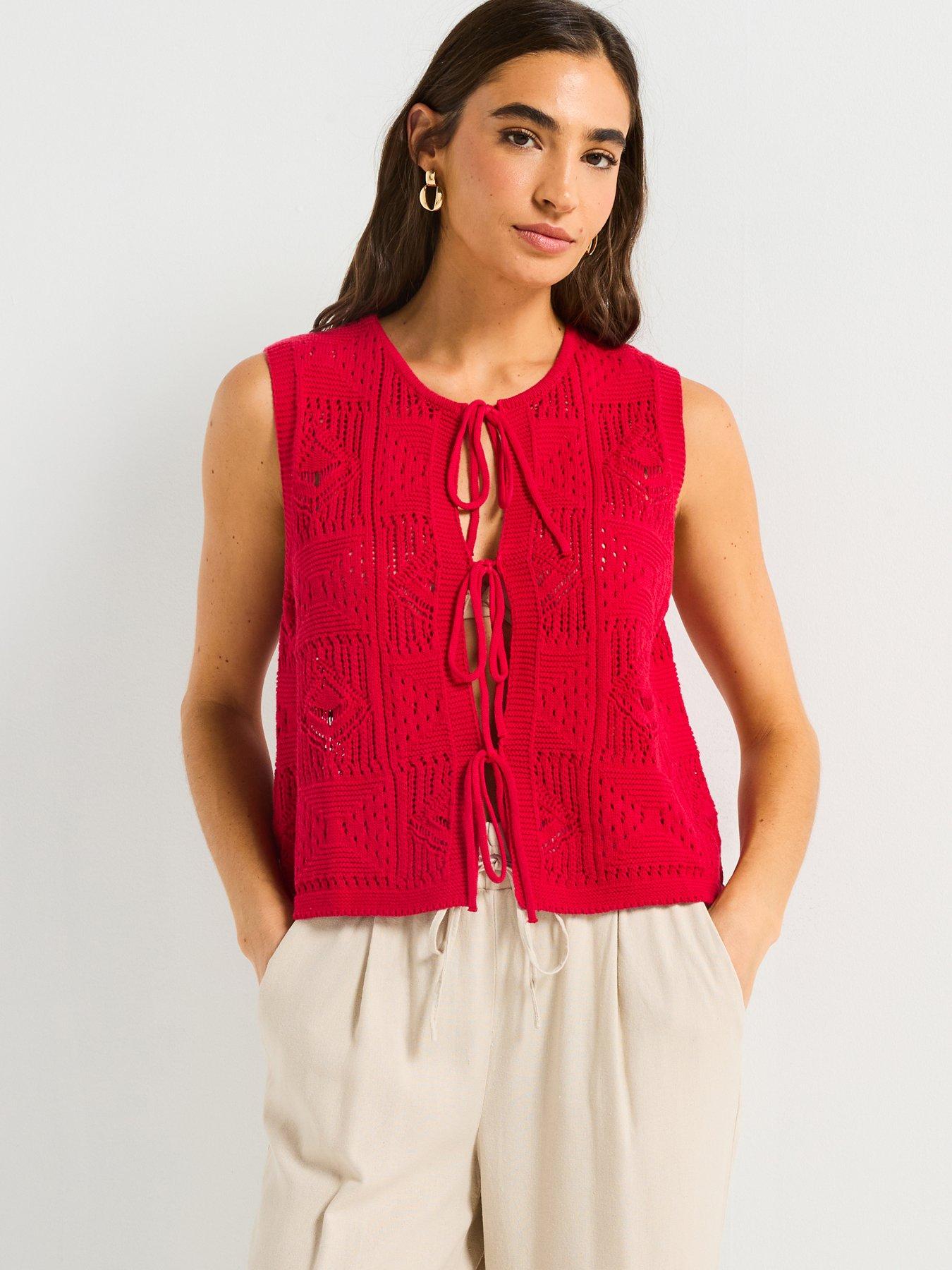 undefined Cotton Rich Tie Front Textured Waistcoat - Red