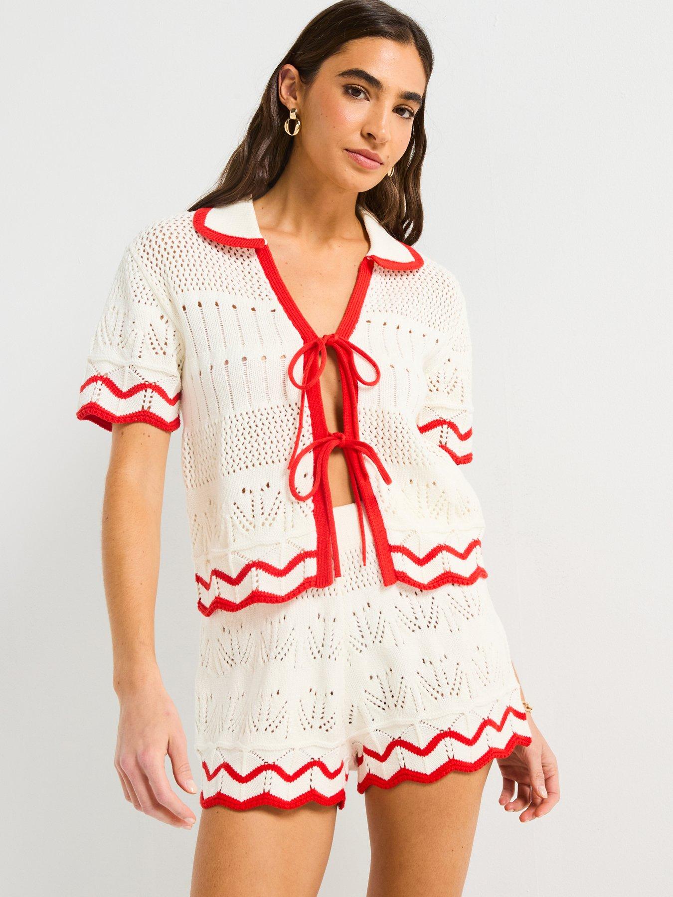 V by Very Cotton Rich Pointelle Stripe Shirt Co-Ord - Cream