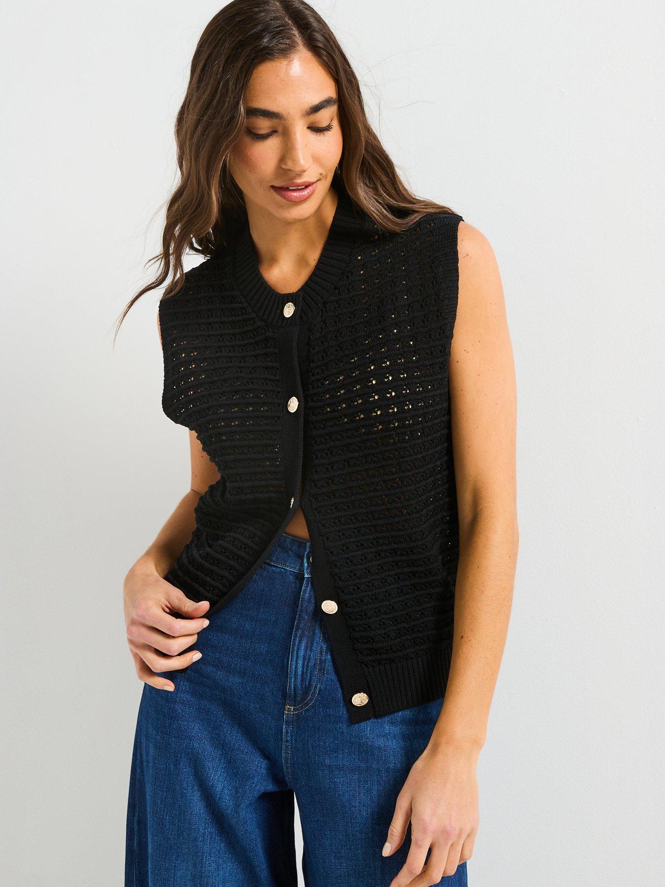 V by Very Crew Neck Textured Knitted Tank - Black
