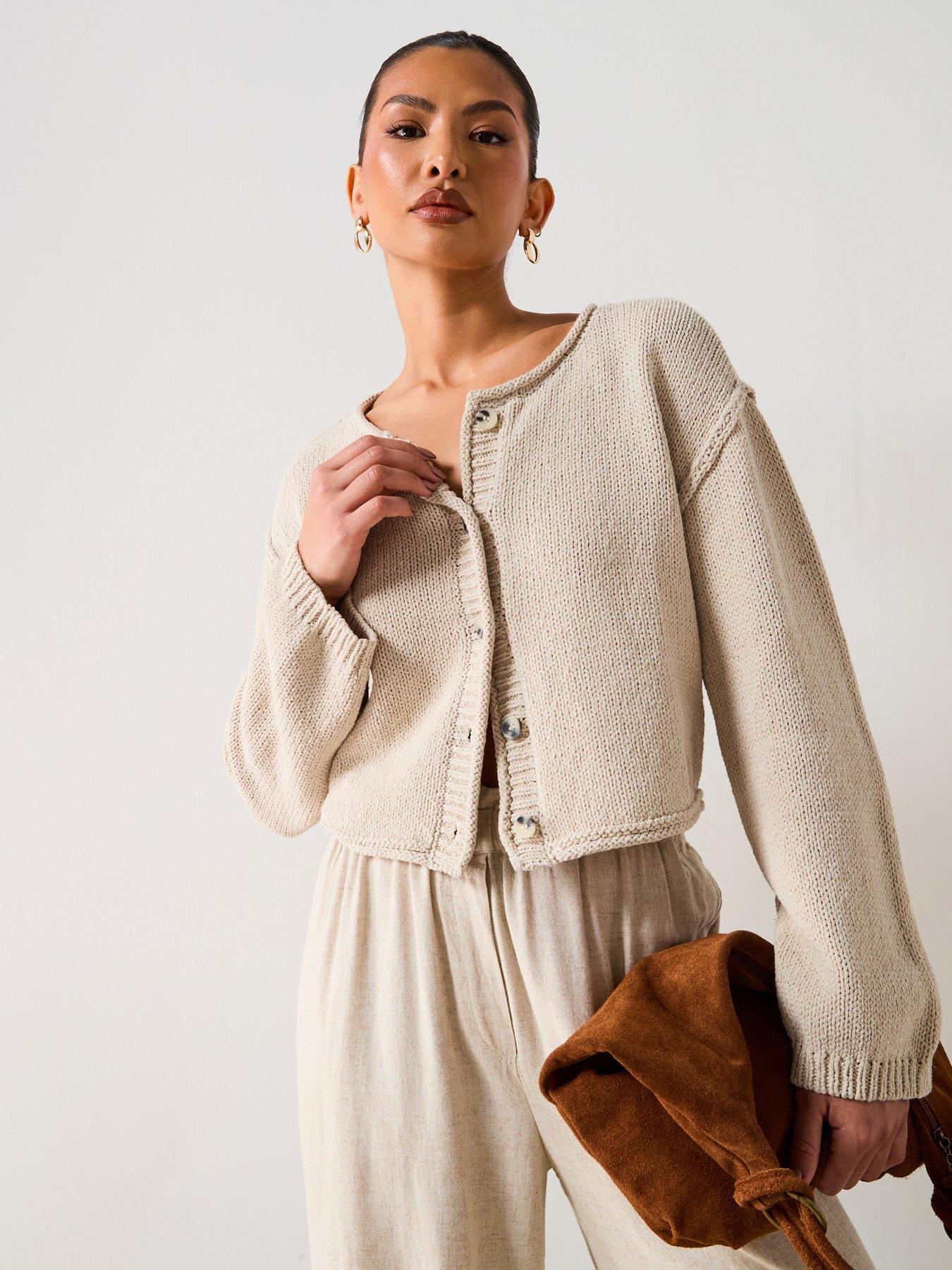 undefined Cotton Rich Rolled Edge Short Cardigan - Beige