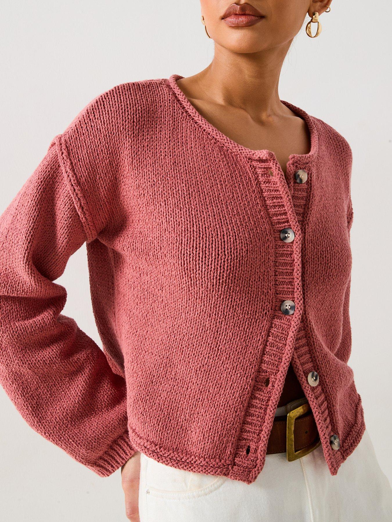 undefined Cotton Rich Rolled Edge Short Cardigan - Pink