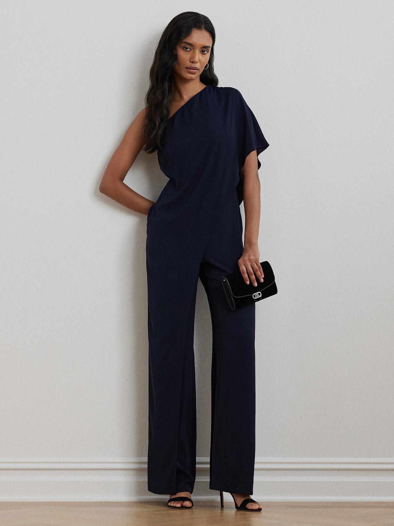 undefined Cape Georgette One-Shoulder Jumpsuit - Navy