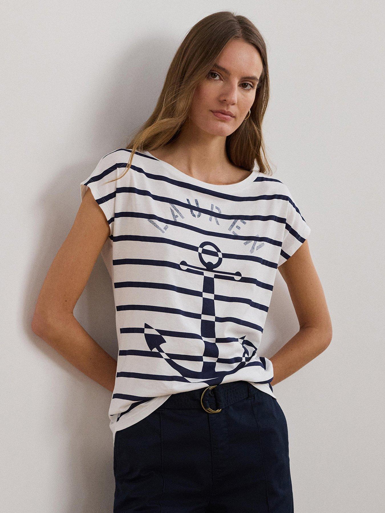 Image 1 of 5 of Lauren by Ralph Lauren Grieta Cap Sleeve Striped T-Shirt - White