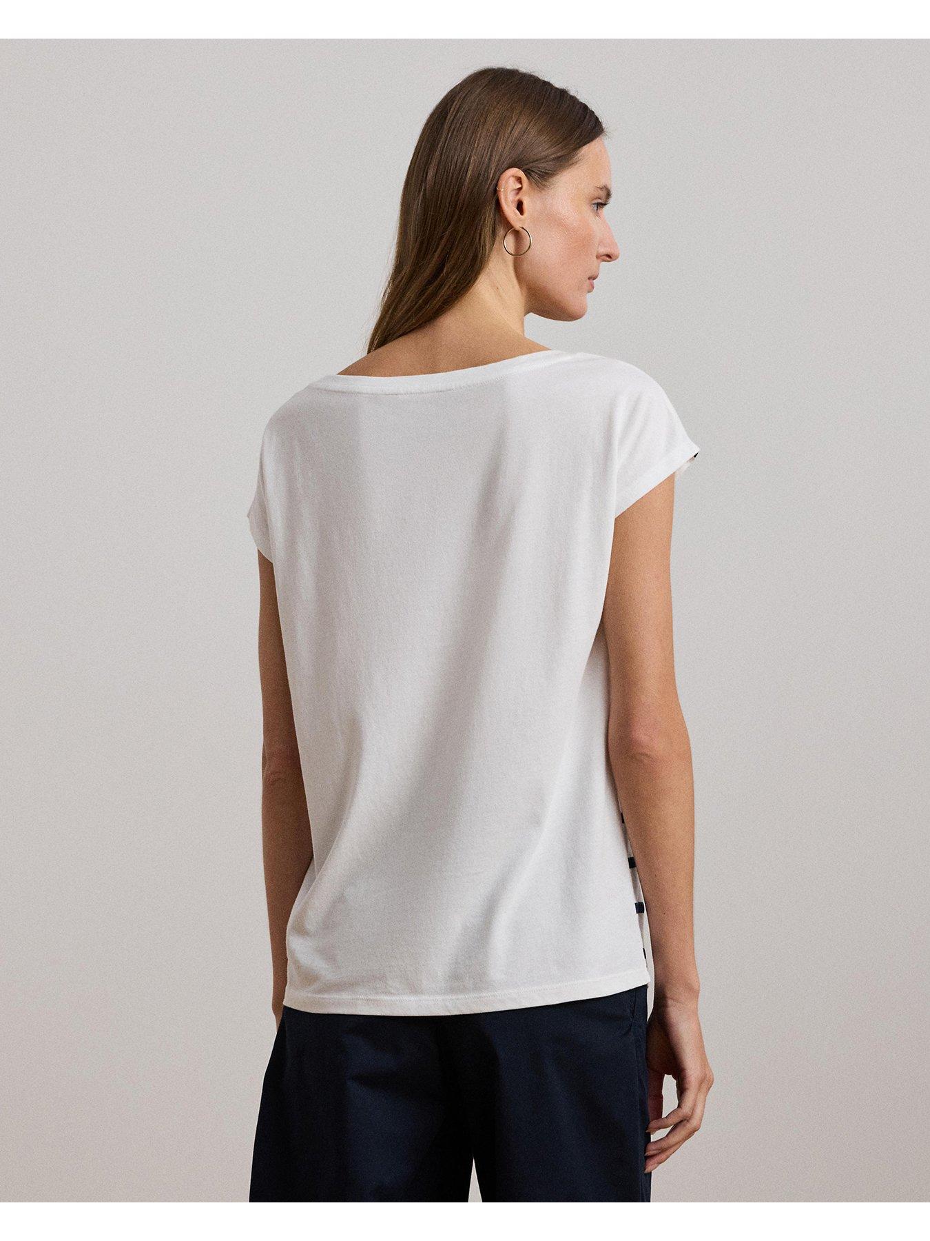 Image 2 of 5 of Lauren by Ralph Lauren Grieta Cap Sleeve Striped T-Shirt - White