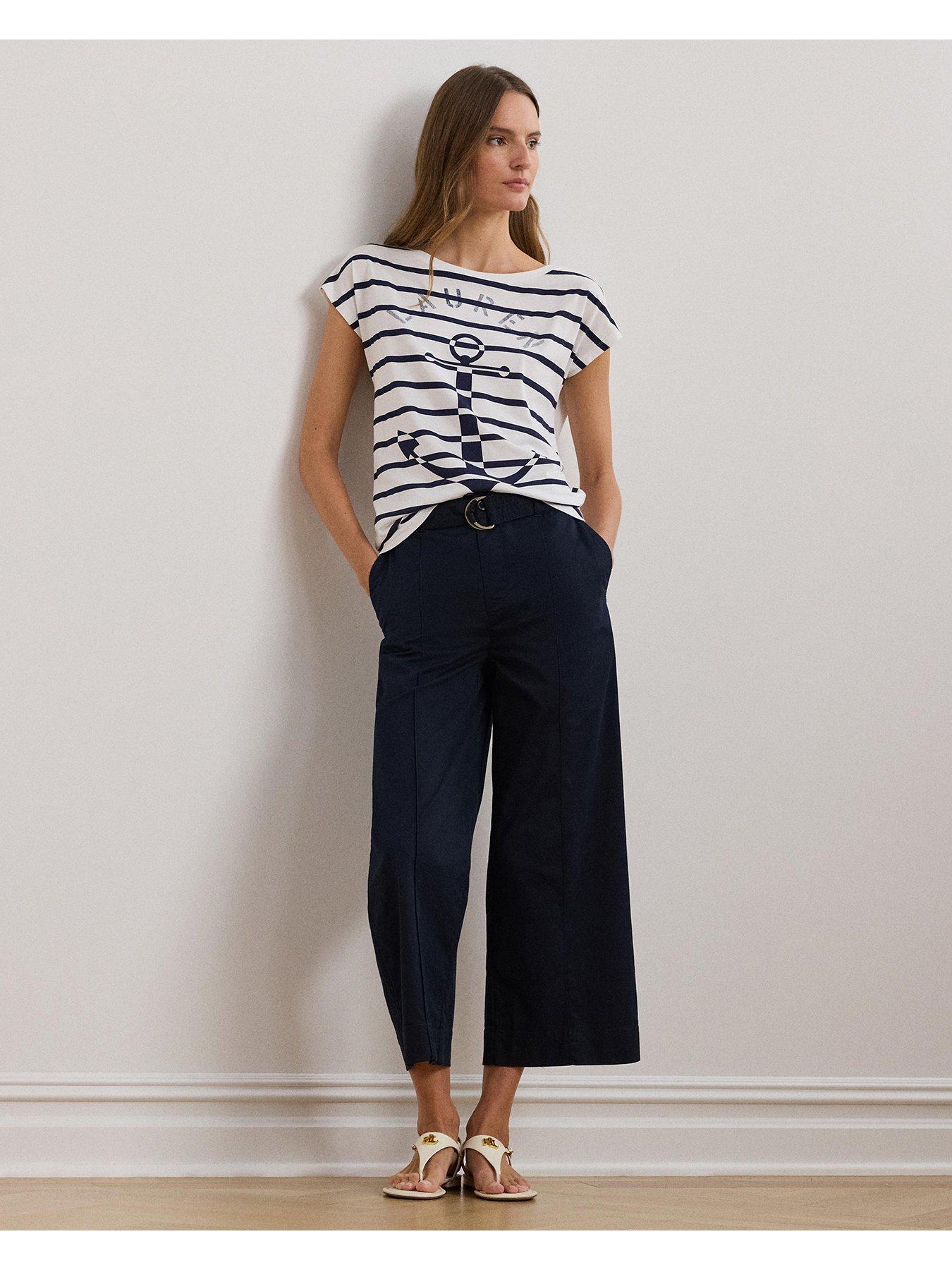 Image 3 of 5 of Lauren by Ralph Lauren Grieta Cap Sleeve Striped T-Shirt - White