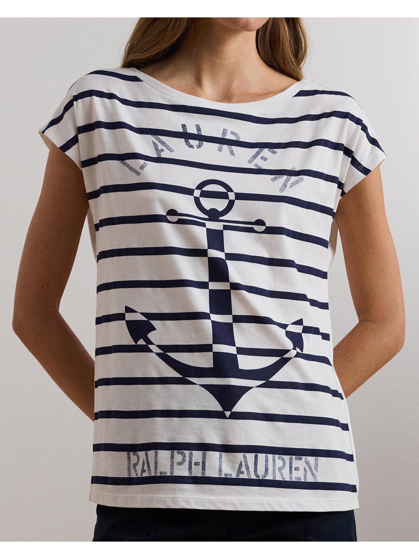 Image 4 of 5 of Lauren by Ralph Lauren Grieta Cap Sleeve Striped T-Shirt - White