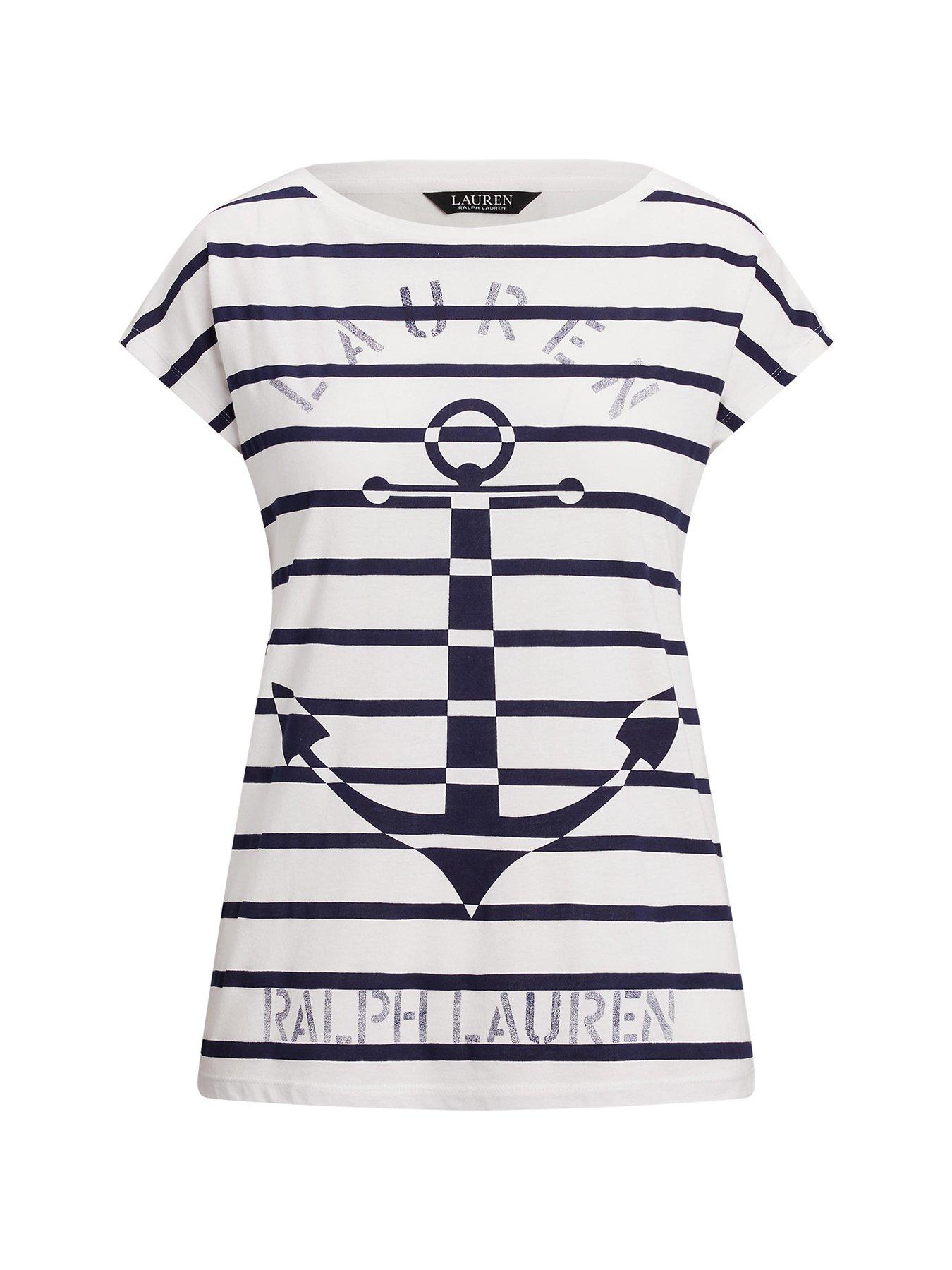 Image 5 of 5 of Lauren by Ralph Lauren Grieta Cap Sleeve Striped T-Shirt - White