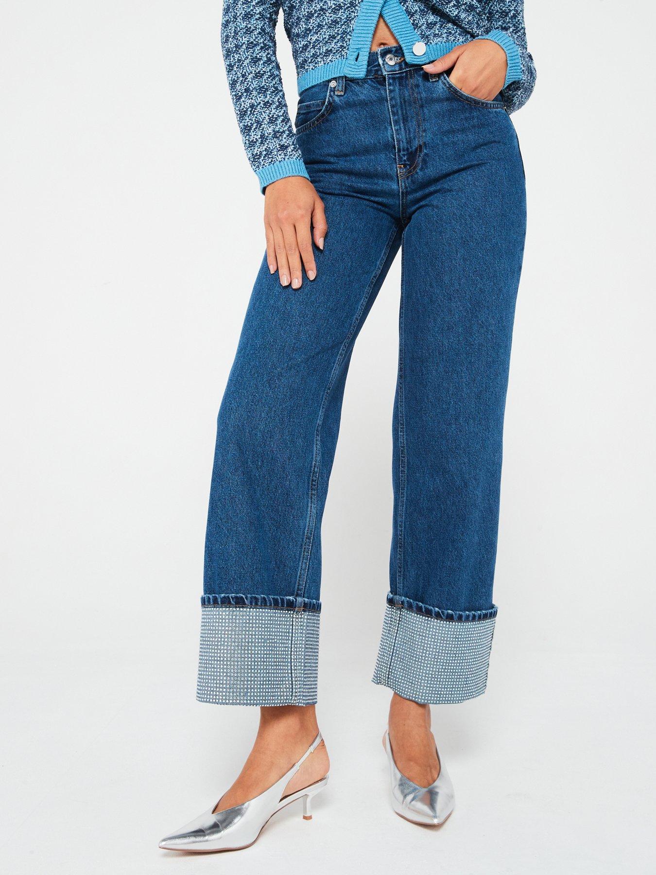 undefined High Rise Diamante Fold Up Ankle Jean - Denim - Blue