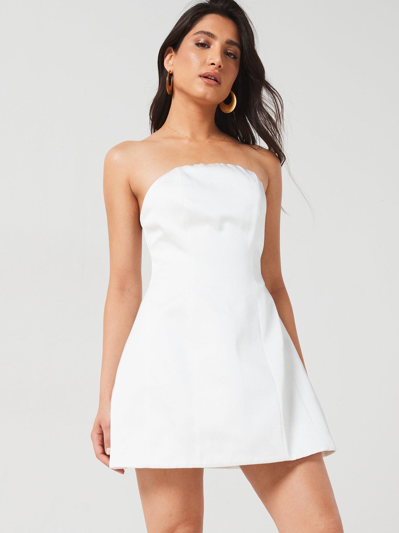 undefined Bandeau Satin A Line Mini Dress - White