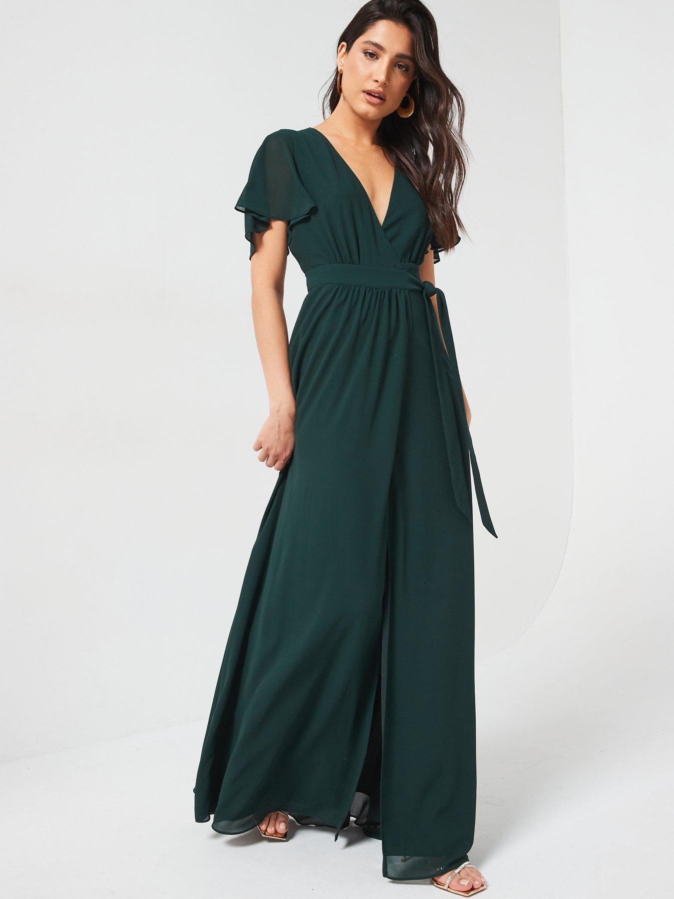 Six Stories Flutter Sleeve Wrap Tie Chiffon Bridesmaid Dress