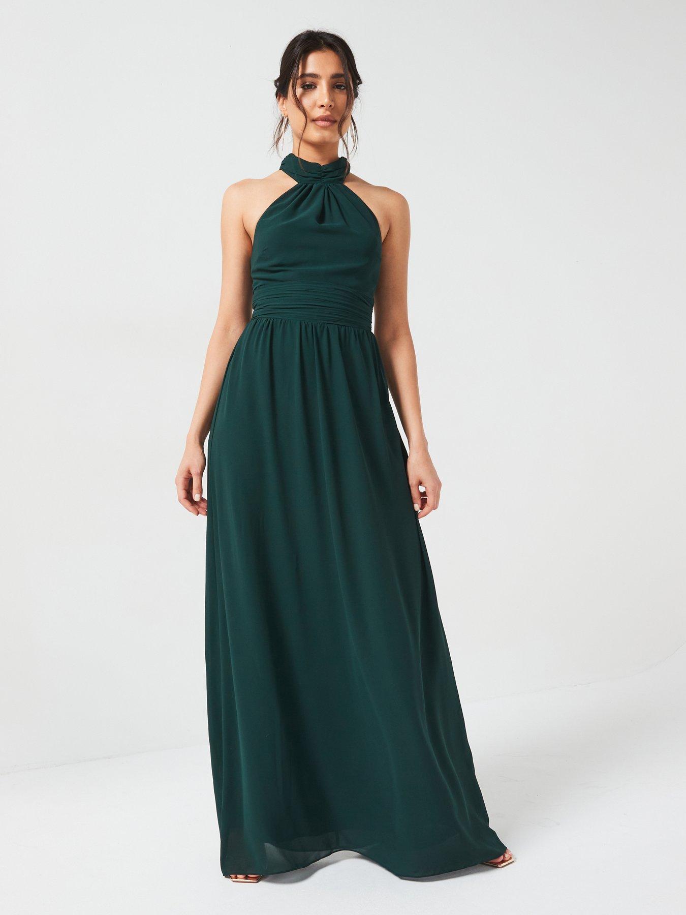 Image 1 of 6 of Six Stories Halter Neck Pleated Waist Chiffon Bridesmaid Dress - Emerald - Green