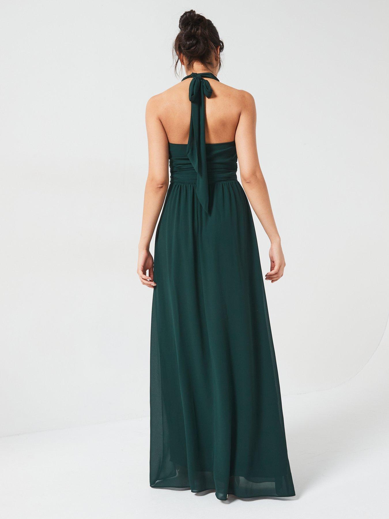 Image 2 of 6 of Six Stories Halter Neck Pleated Waist Chiffon Bridesmaid Dress - Emerald - Green