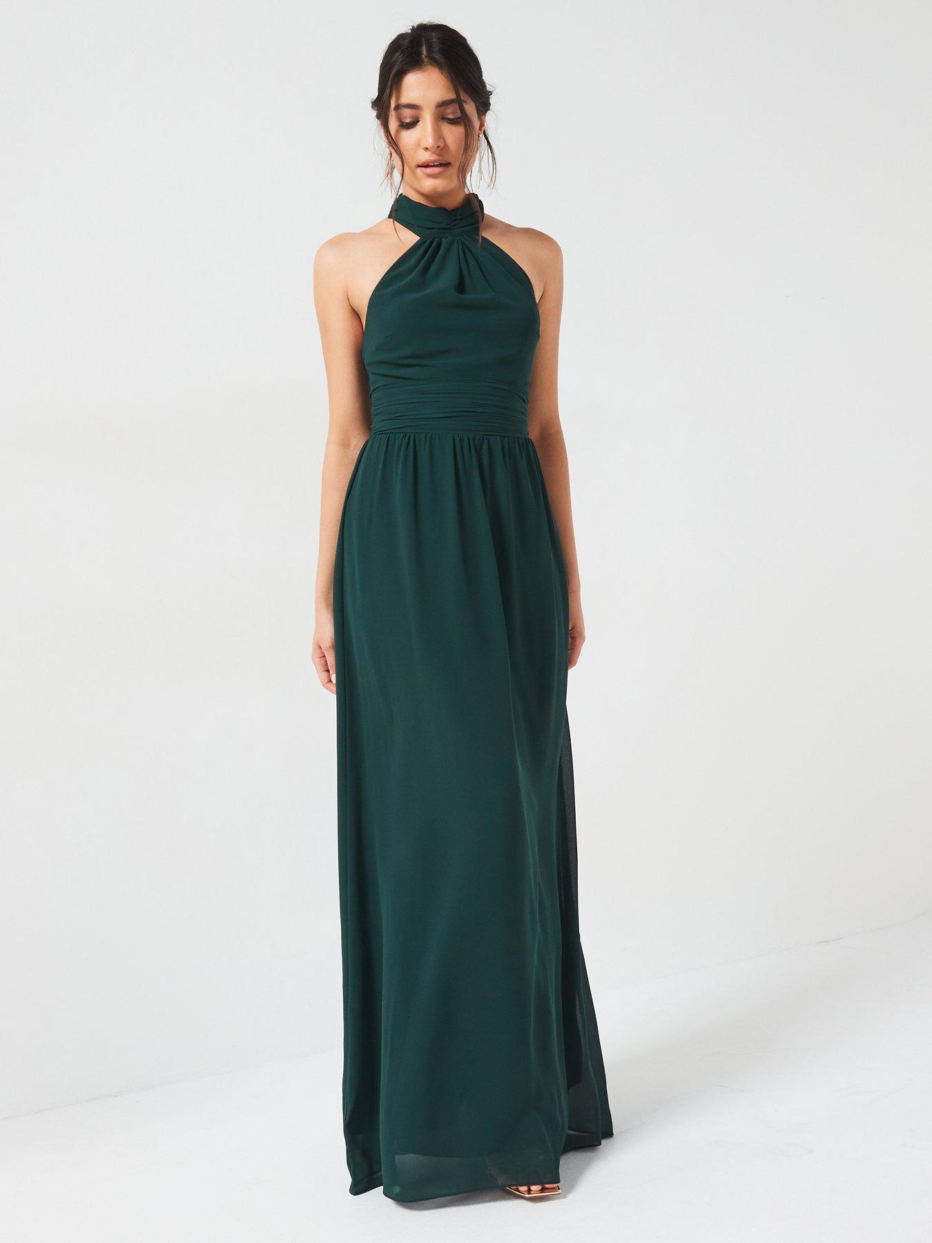 Image 3 of 6 of Six Stories Halter Neck Pleated Waist Chiffon Bridesmaid Dress - Emerald - Green