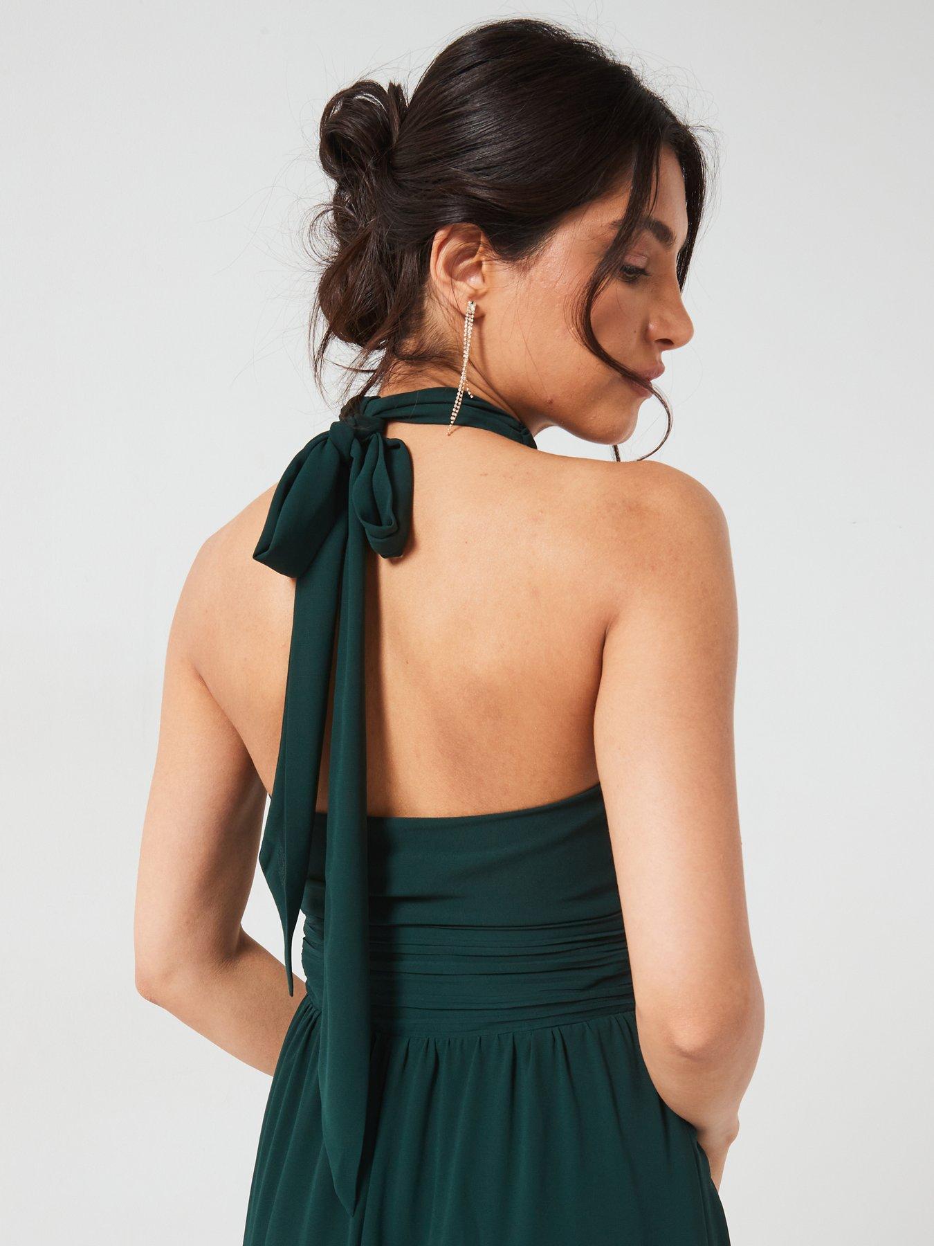 Image 4 of 6 of Six Stories Halter Neck Pleated Waist Chiffon Bridesmaid Dress - Emerald - Green