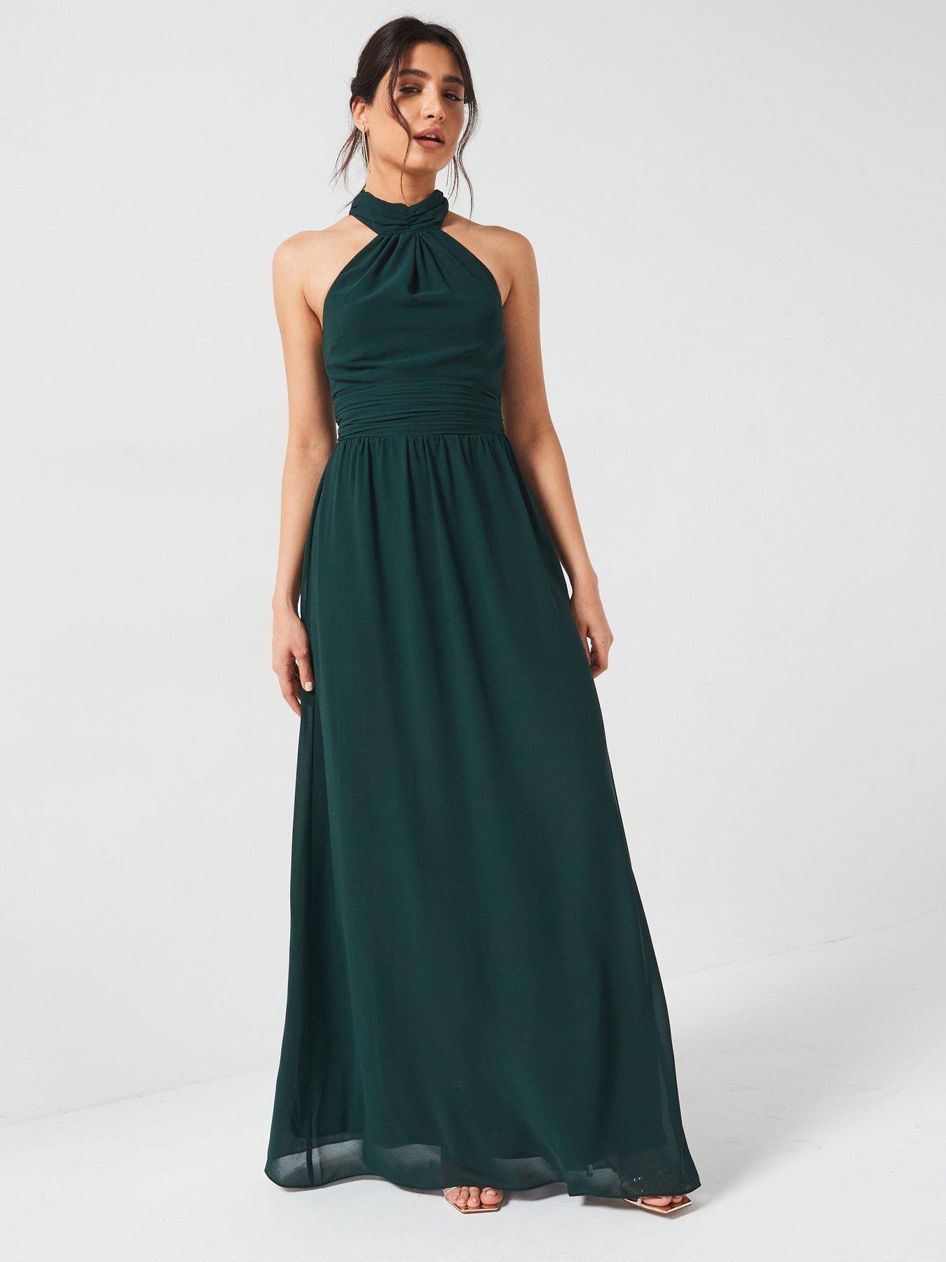 Image 5 of 6 of Six Stories Halter Neck Pleated Waist Chiffon Bridesmaid Dress - Emerald - Green