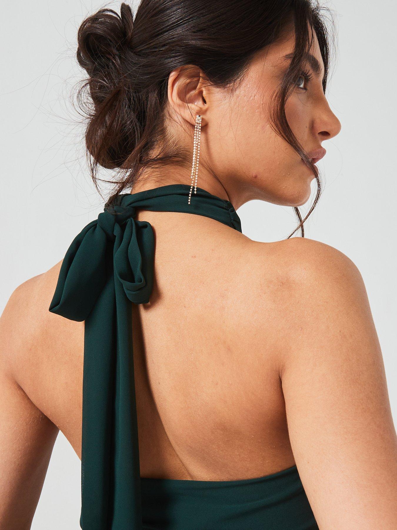Image 6 of 6 of Six Stories Halter Neck Pleated Waist Chiffon Bridesmaid Dress - Emerald - Green