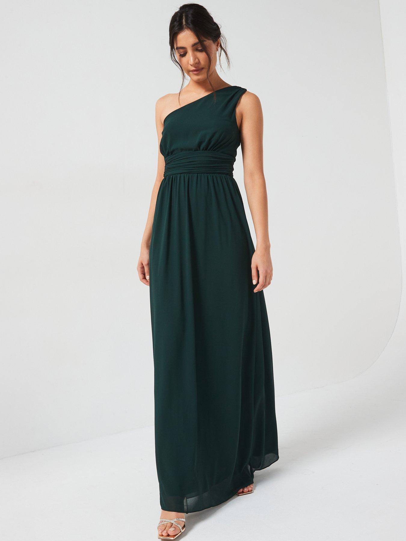 One Shoulder Chiffon Gown with Pleated Top Emerald