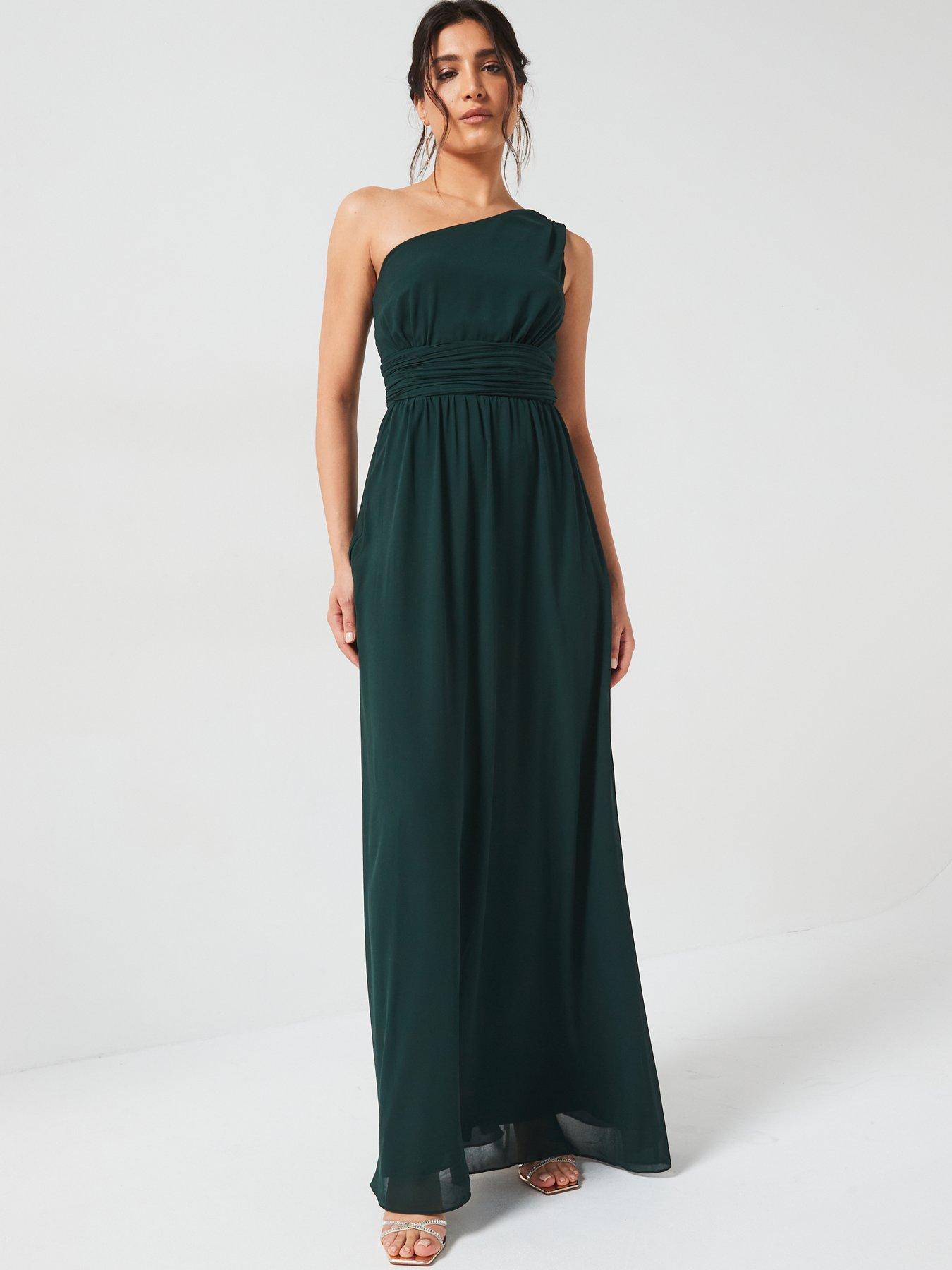 Sheath One-Shoulder Pleated Chiffon Dresses with Slit Emerald