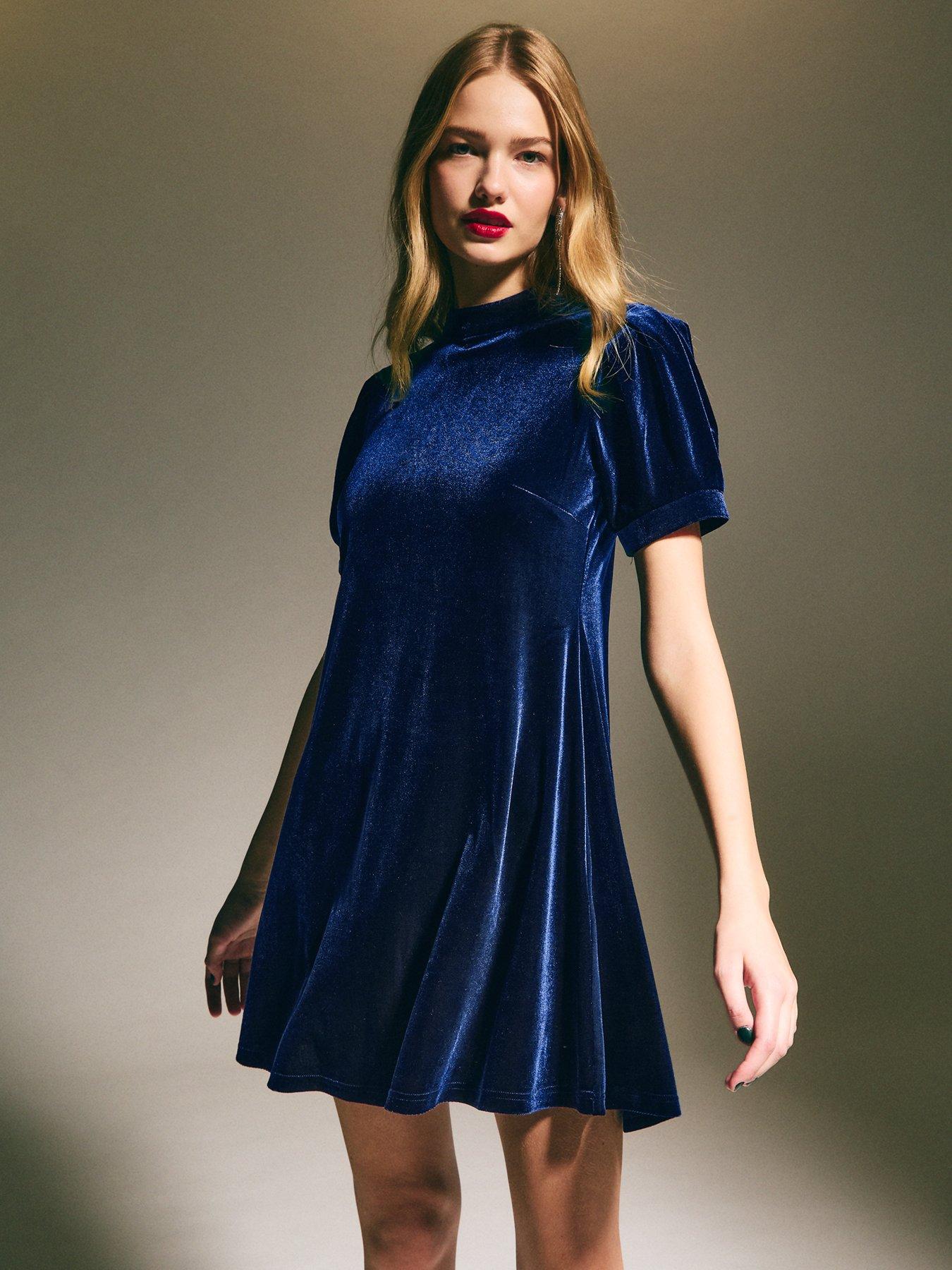 undefined High Neck Short Sleeve Velvet Mini Dress - Navy