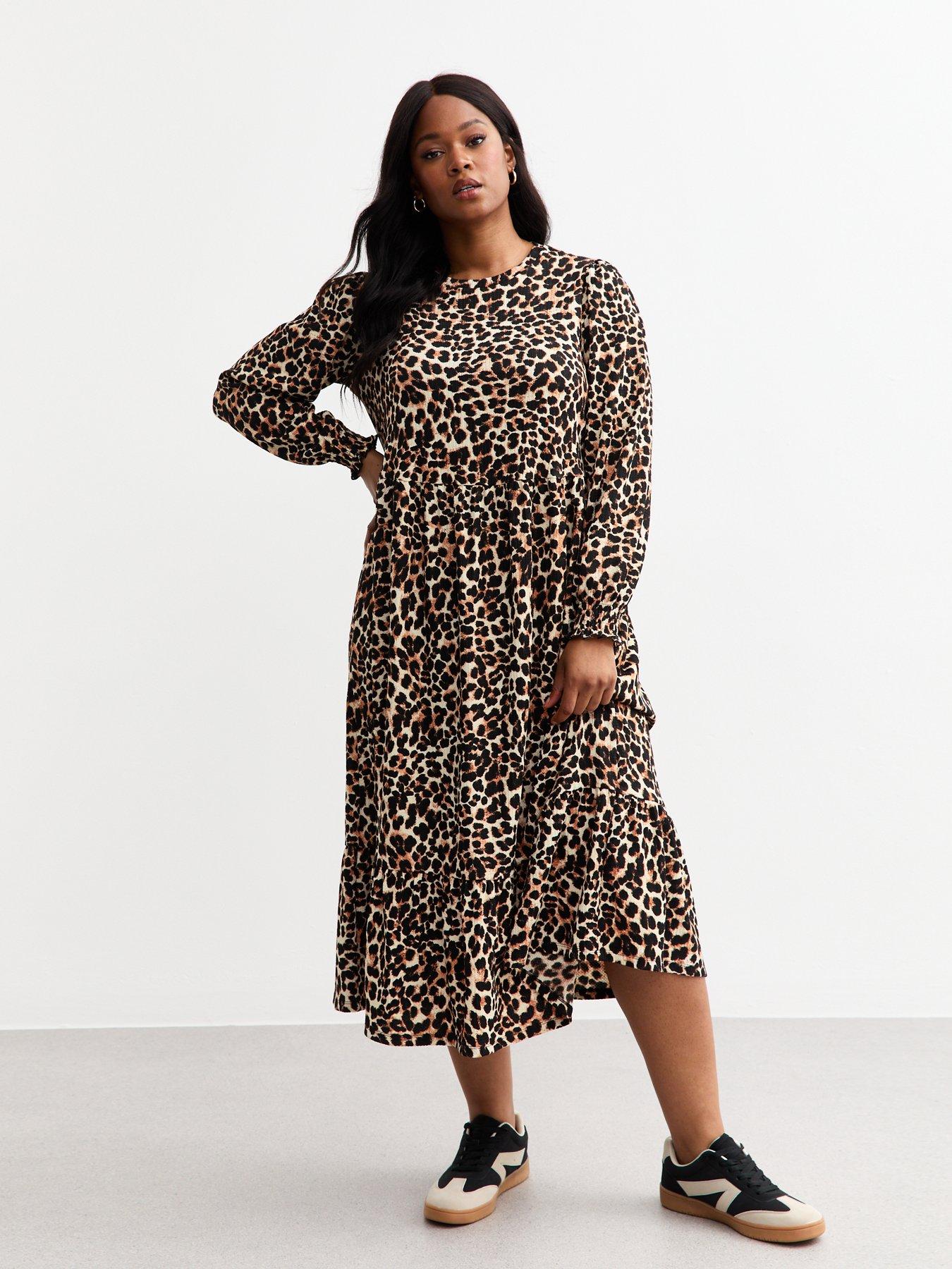 undefined Curves Brown Jersey Leopard Print Midi Dress