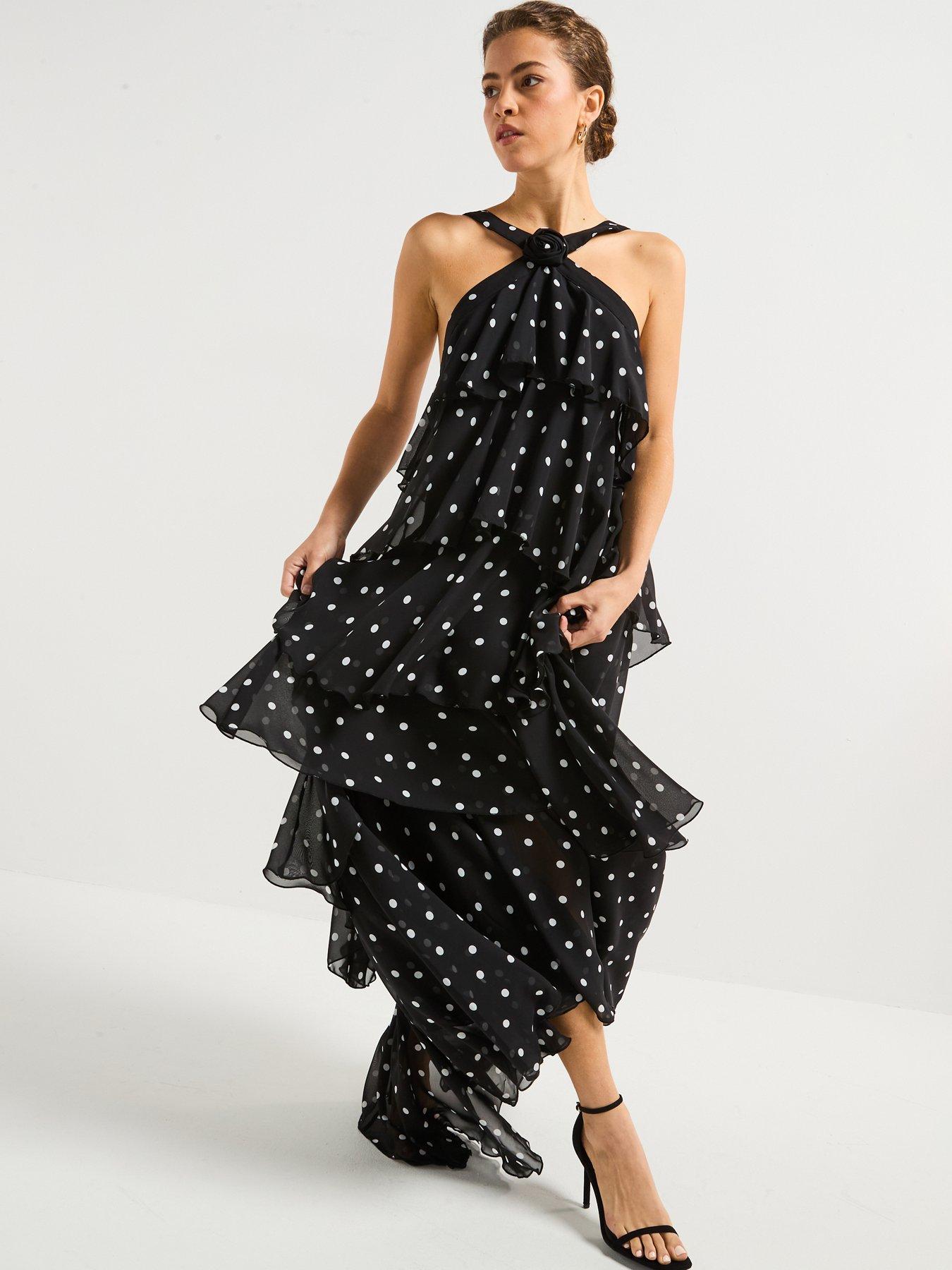 Vero Moda Polka Dot Ruffle Halter Neck Maxi Dress - Black | Very