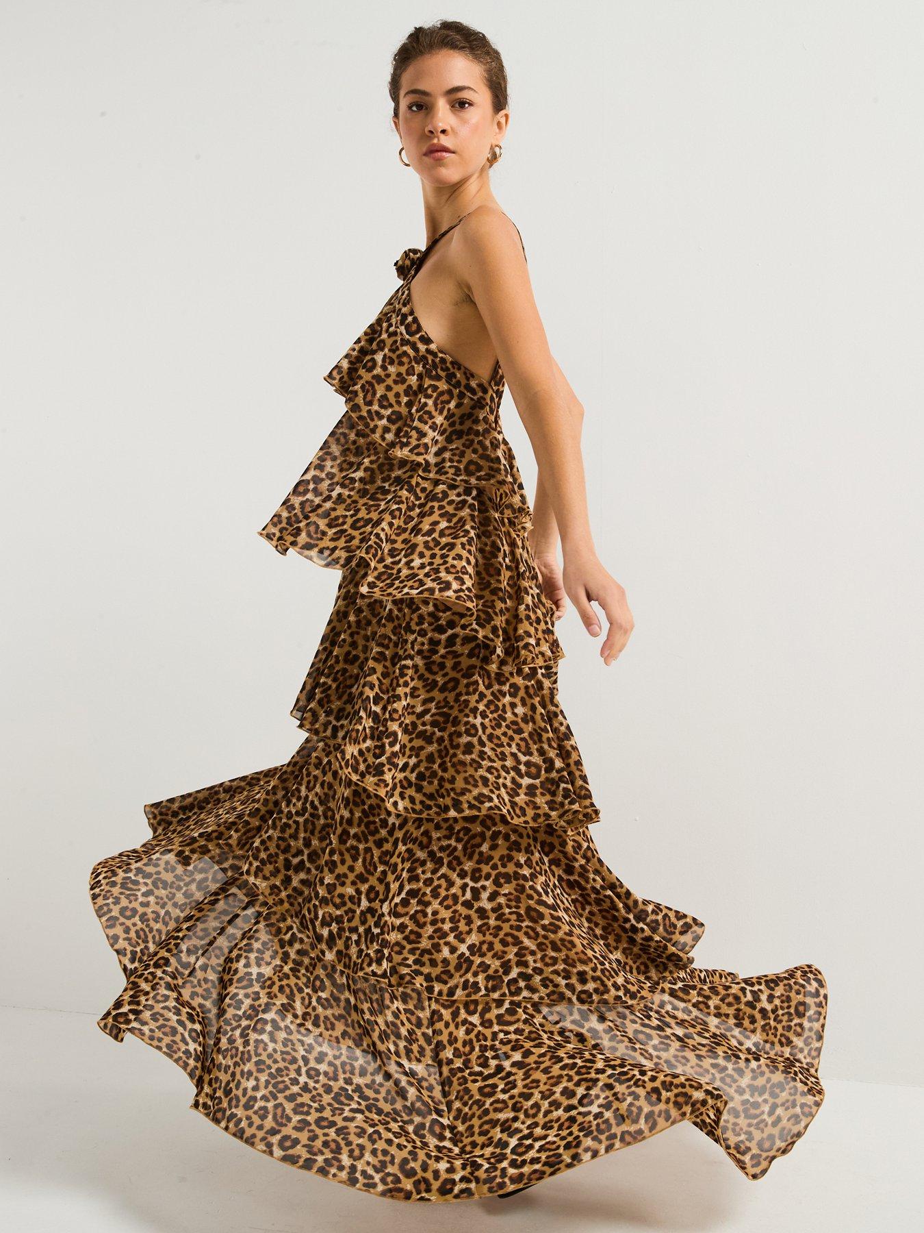 undefined Leopard Print Ruffle Halter Neck Maxi Dress - Black - Multi