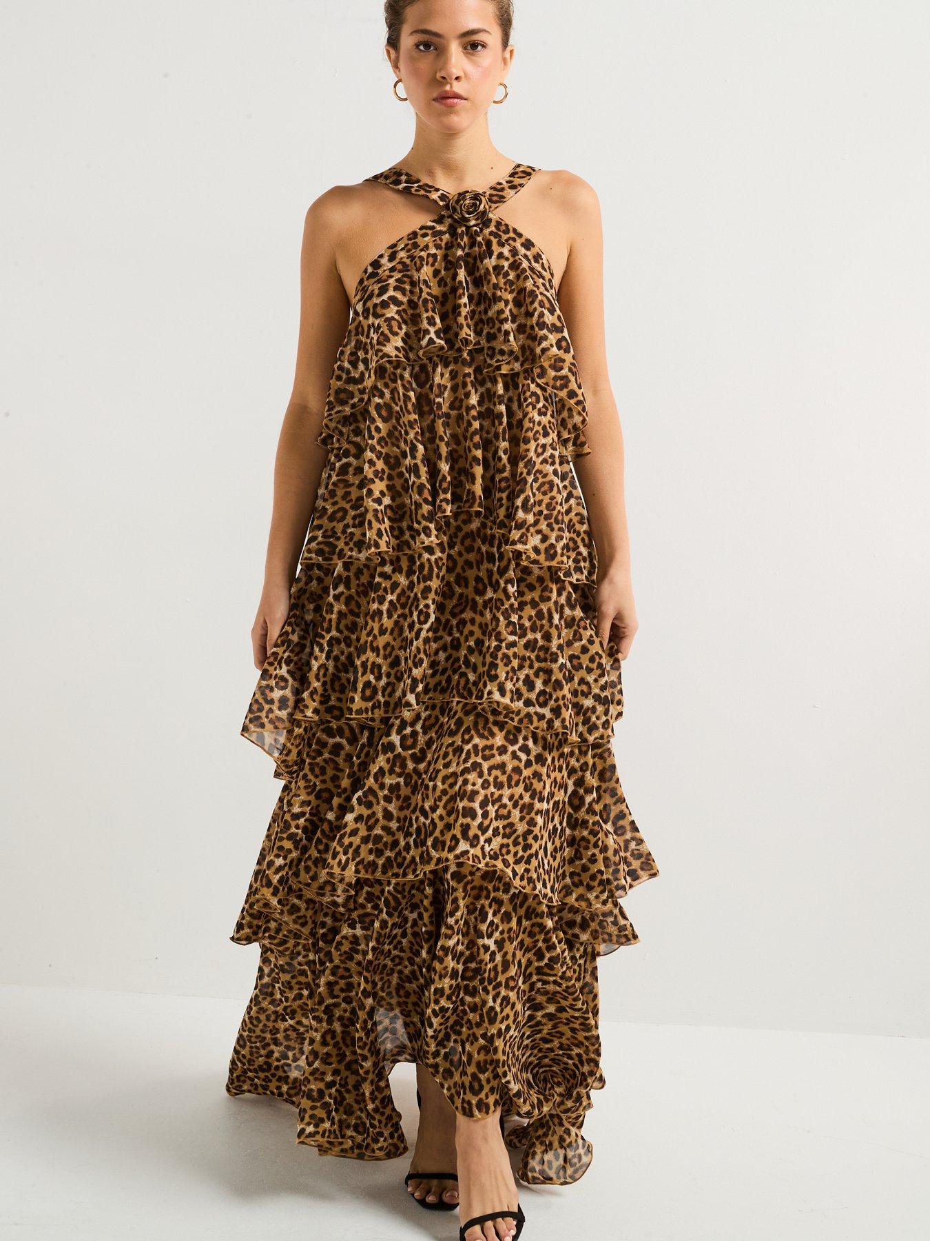 Image 3 of 6 of Vero Moda Leopard Print Ruffle Halter Neck Maxi Dress - Black - Multi