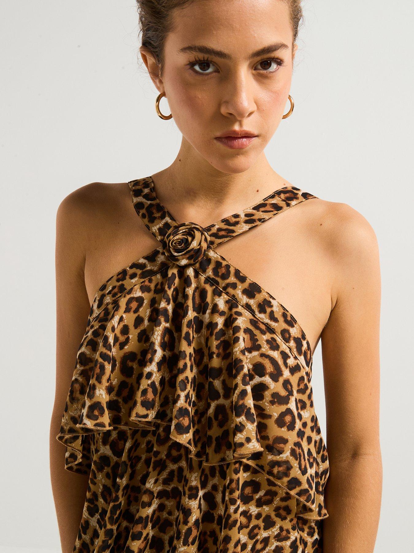 Image 5 of 6 of Vero Moda Leopard Print Ruffle Halter Neck Maxi Dress - Black - Multi