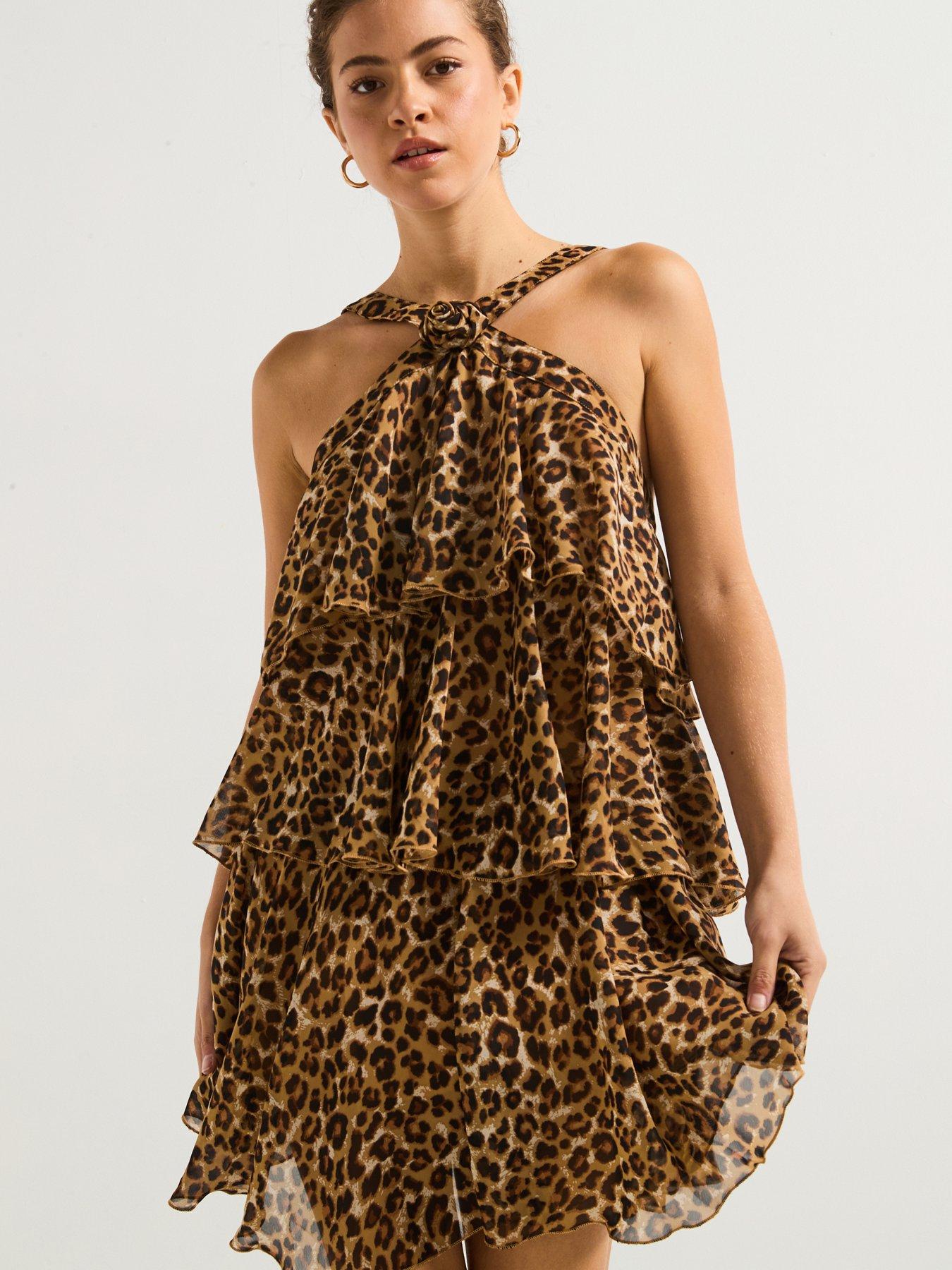 undefined Leopard Print Ruffle Halter Neck Mini Dress -Black - Multi